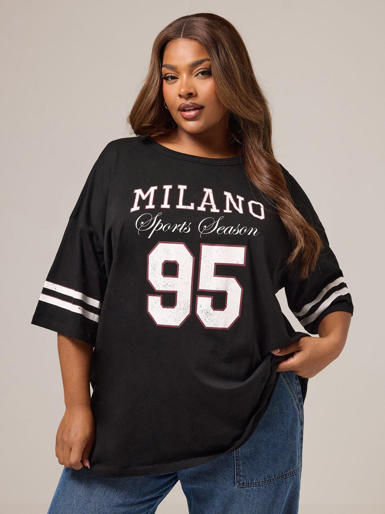 Yours Curve Placement Varsity 95 Boxy T-Shirt - Black