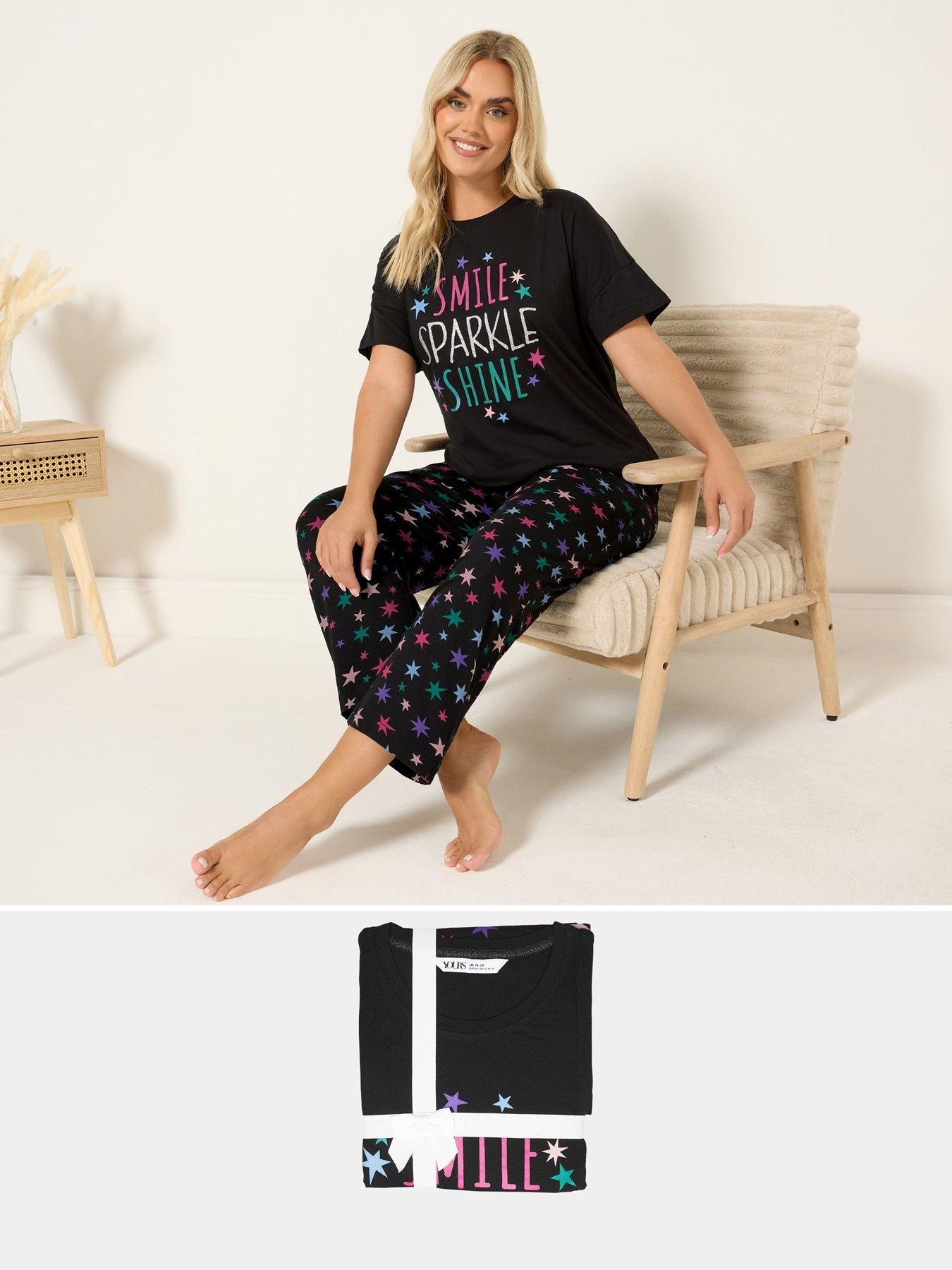 Yours Curve Sparkle Shine Wide Leg Pyjama Set - Black