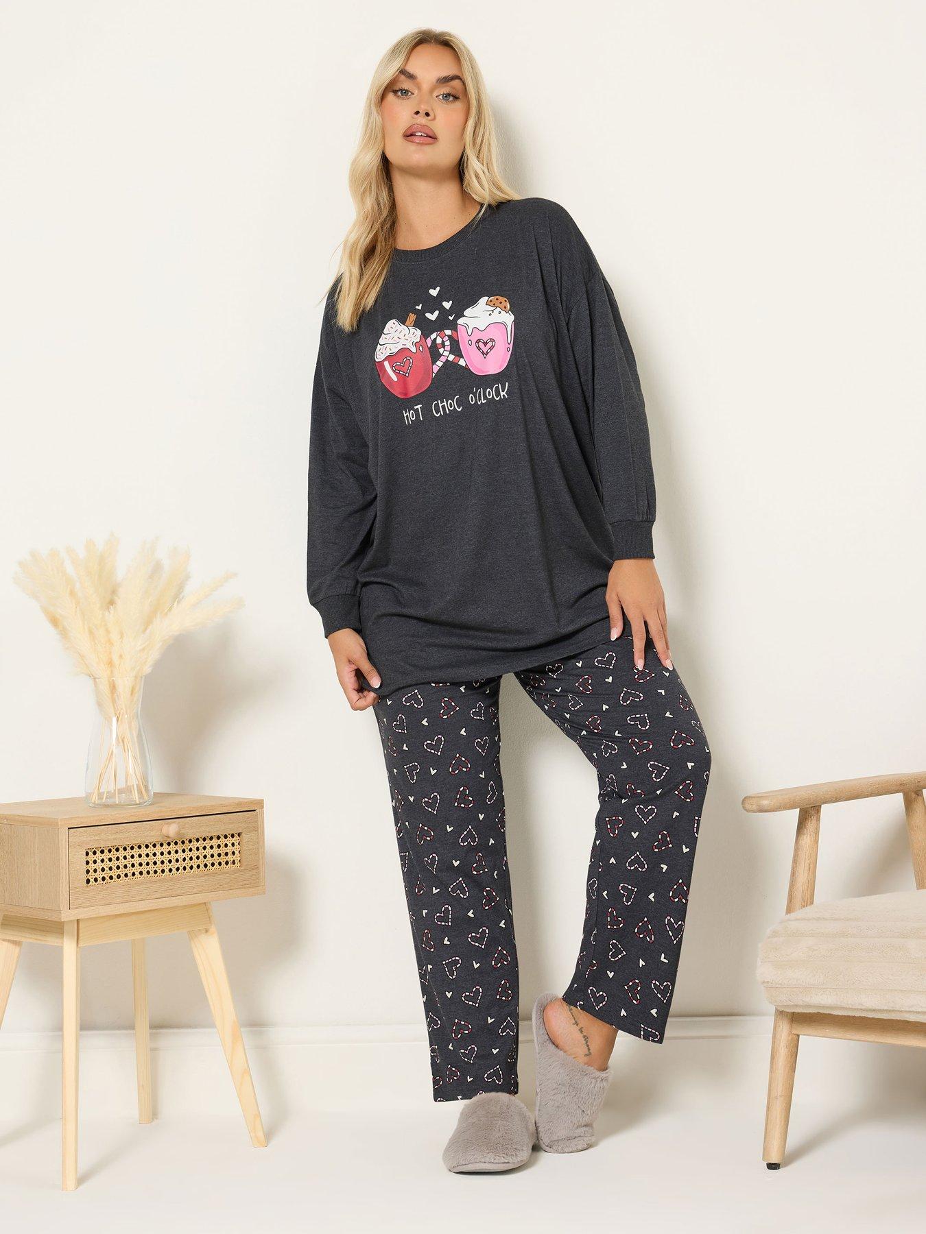 Image 1 of 4 of Yours Curve Hot Choc Wide Leg Pyjama Set - Grey