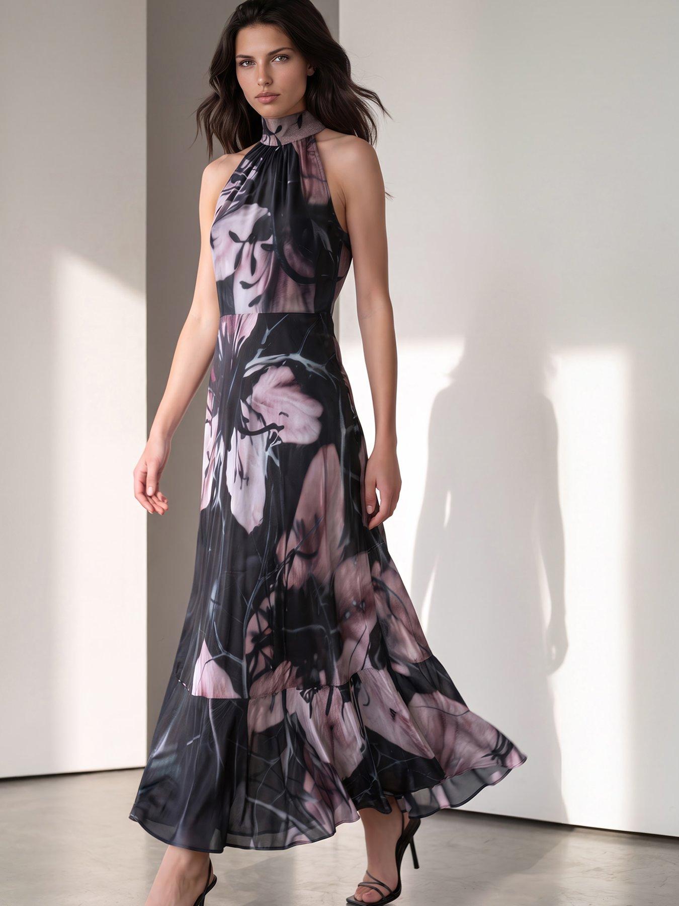Religion Florence Halterneck Maxi Dress With Sash Detail In Dark Floral - Black