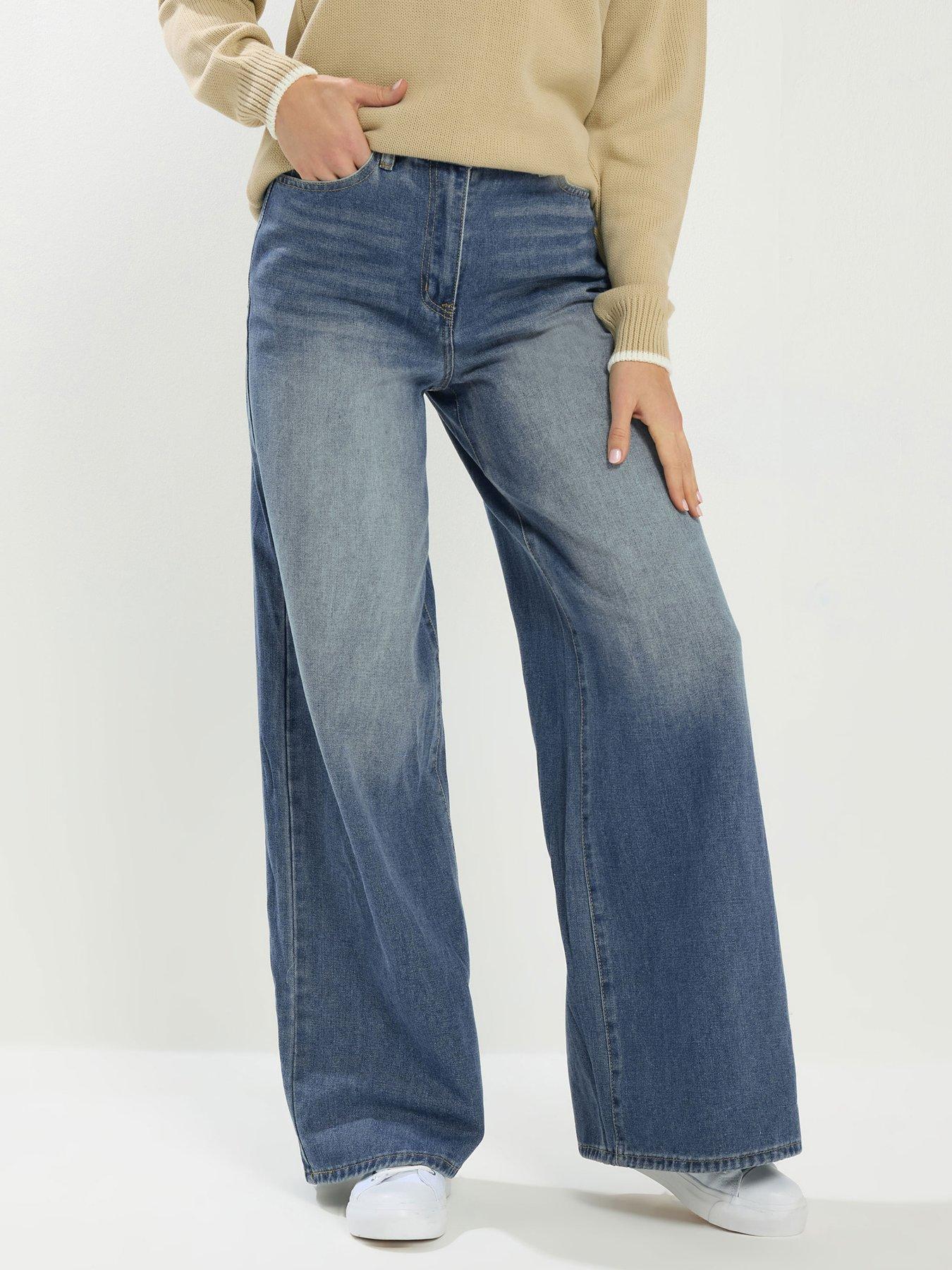 Long Tall Sally Mid Wash Palazzo Jean 34", Blue, Size 14, Inside Leg 36, Women