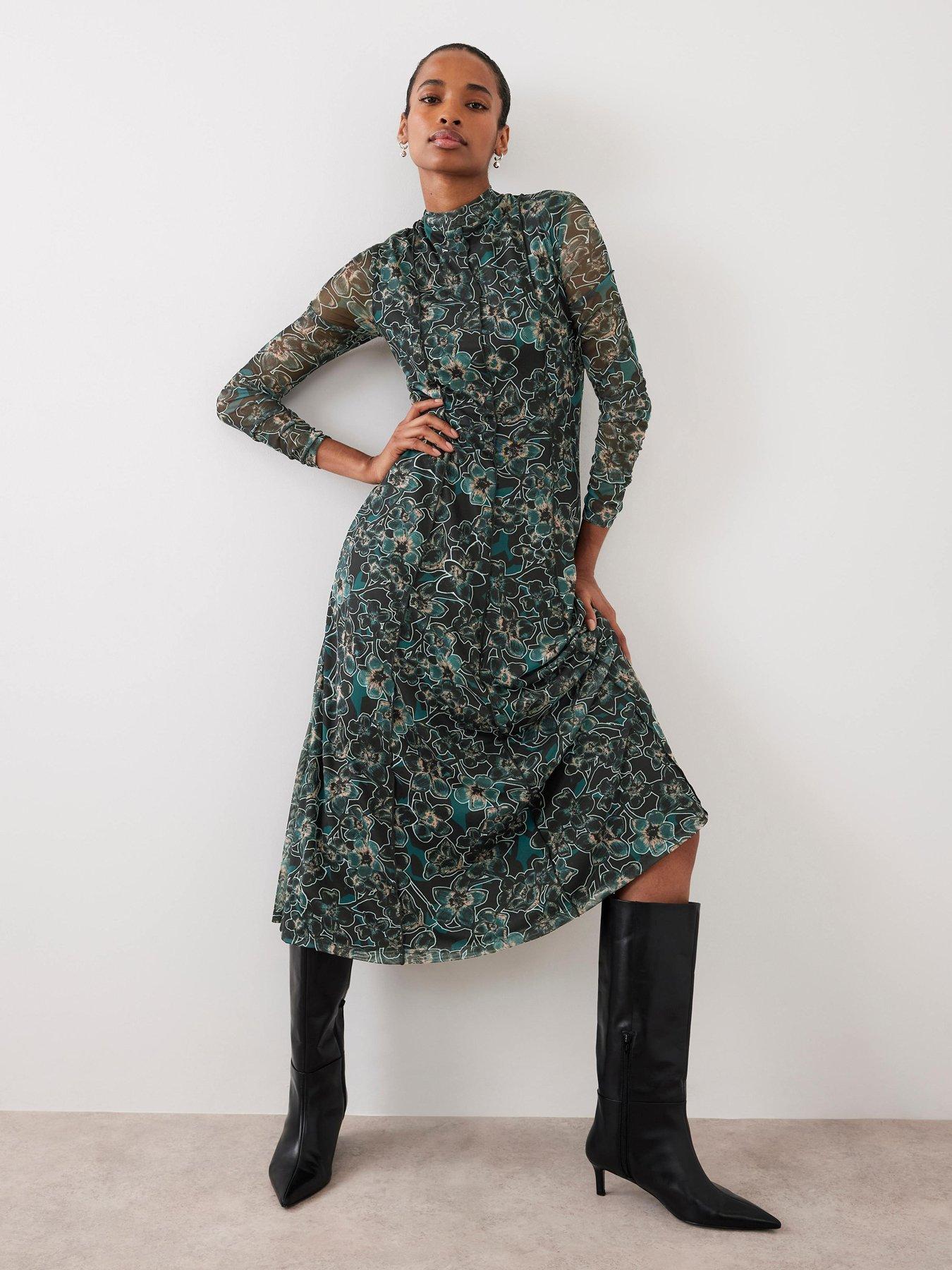Mint Velvet Floral Print Mesh Midi Dress - Green