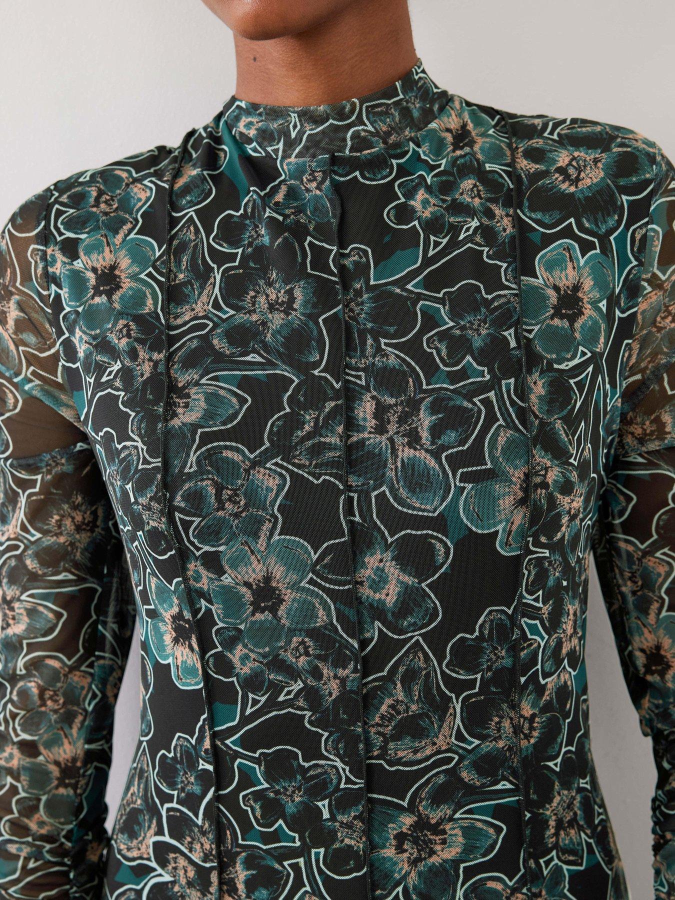 Mint Velvet Floral Print Mesh Midi Dress - Green | Very