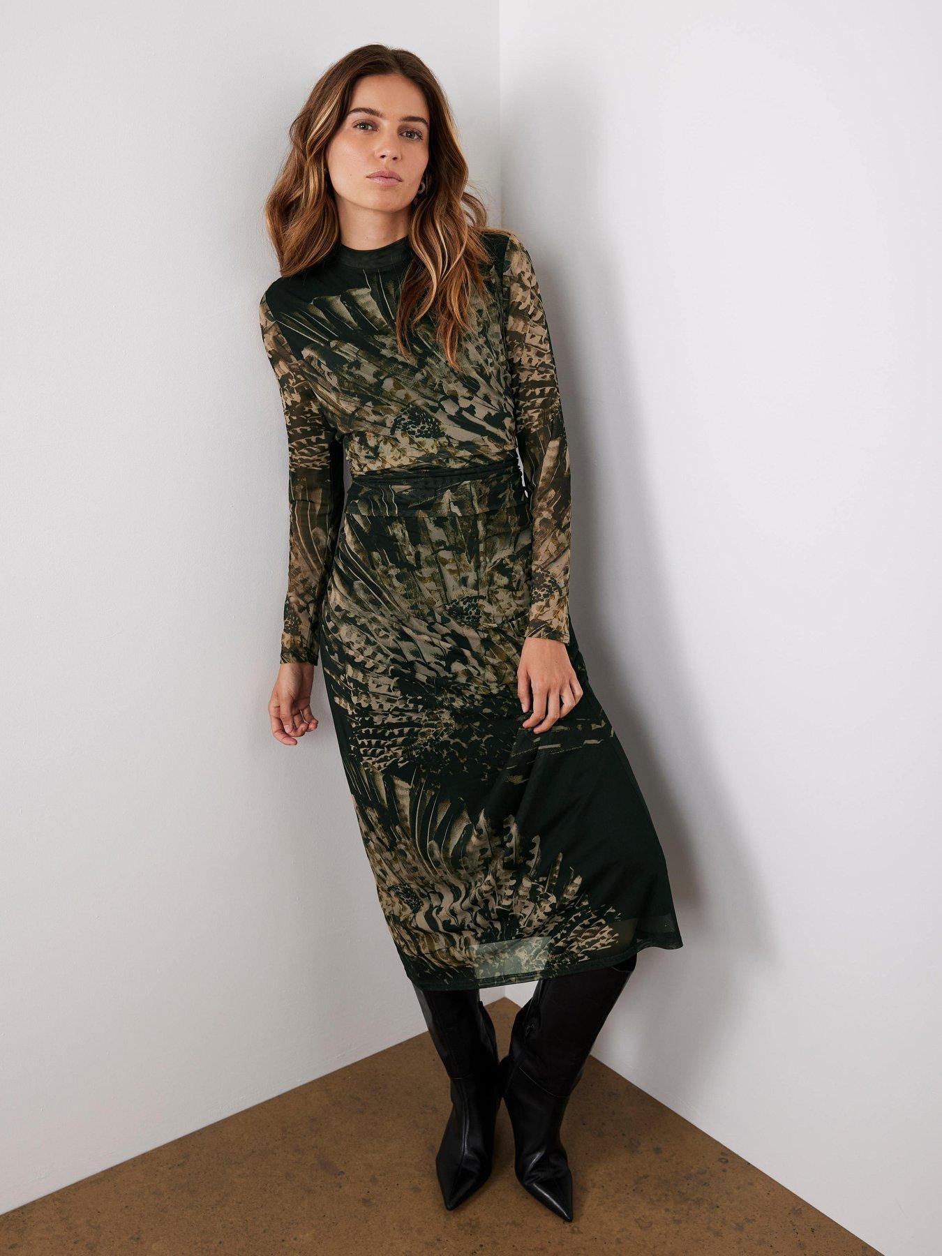 Mint Velvet Abstract Print Mesh Midi Dress - Gold
