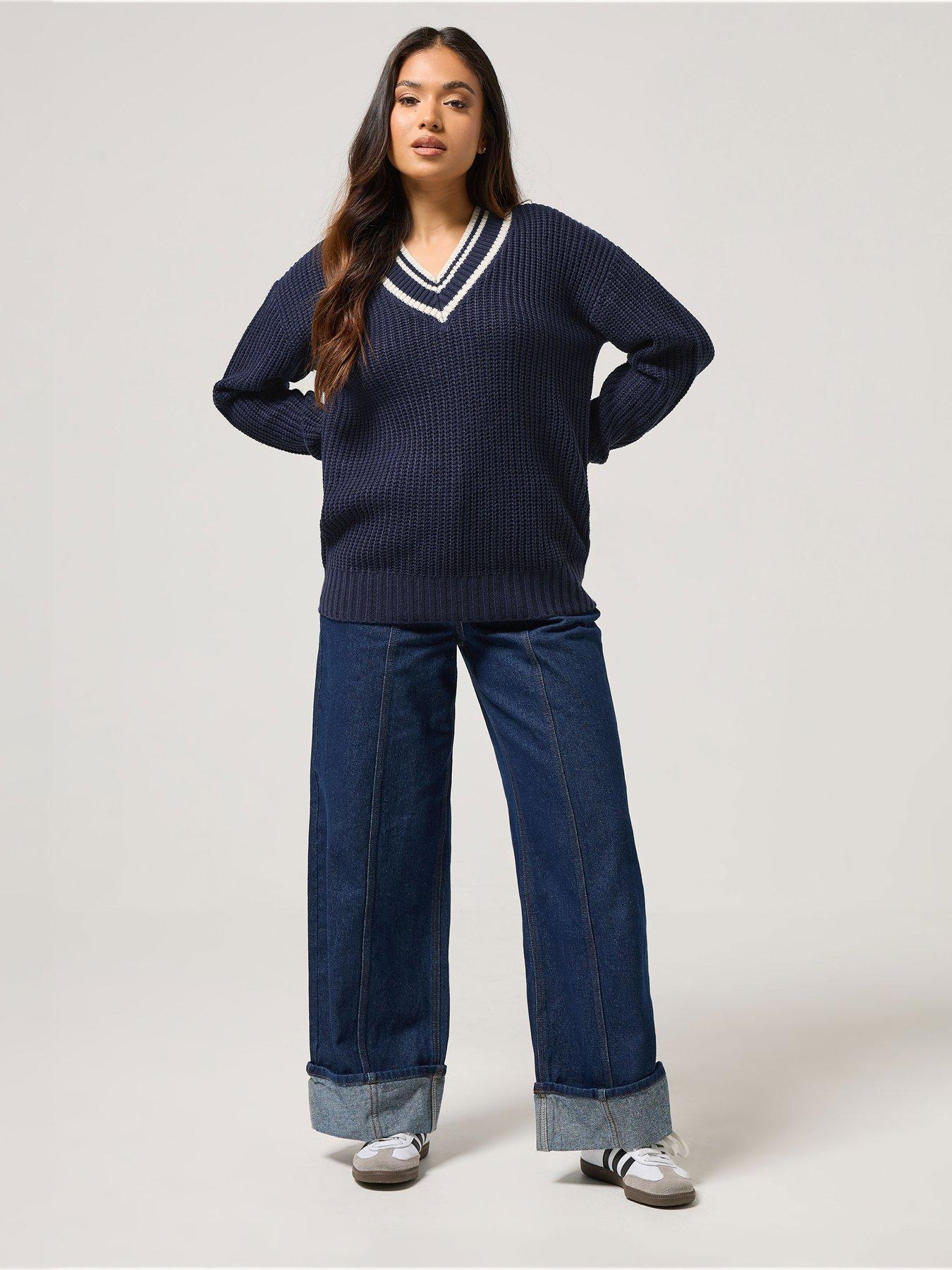 Image 3 of 4 of PixieGirl Petite V Neck Varsity Jumper - Blue
