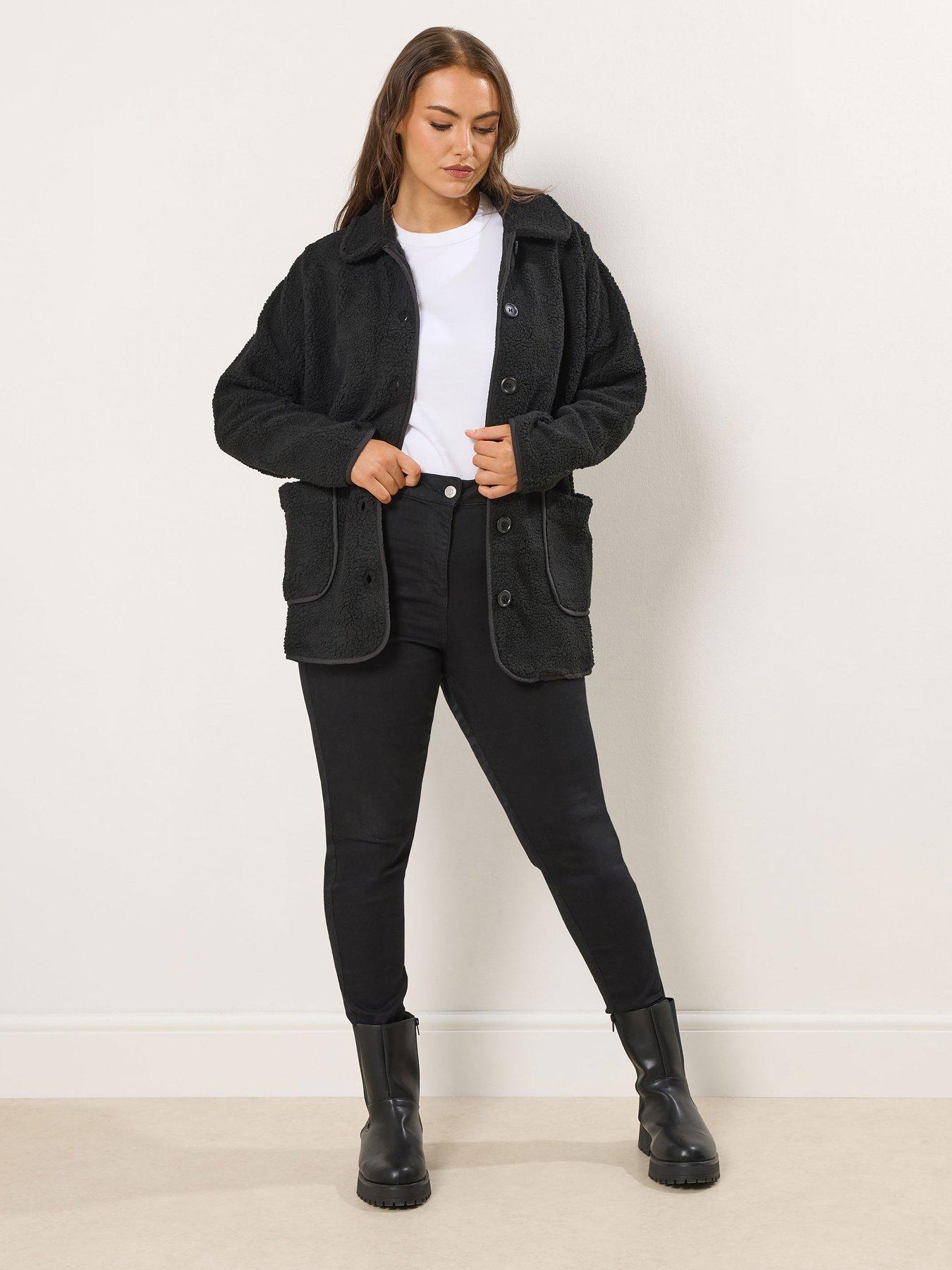 Image 3 of 4 of Yours Curve Button Front Teddy Fleece - Black