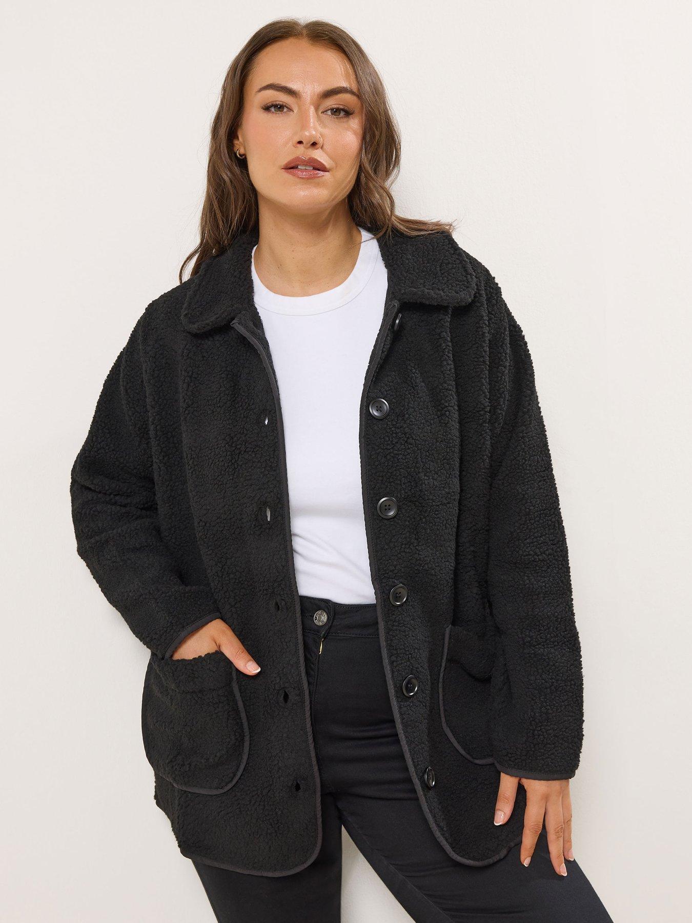 Image 4 of 4 of Yours Curve Button Front Teddy Fleece - Black