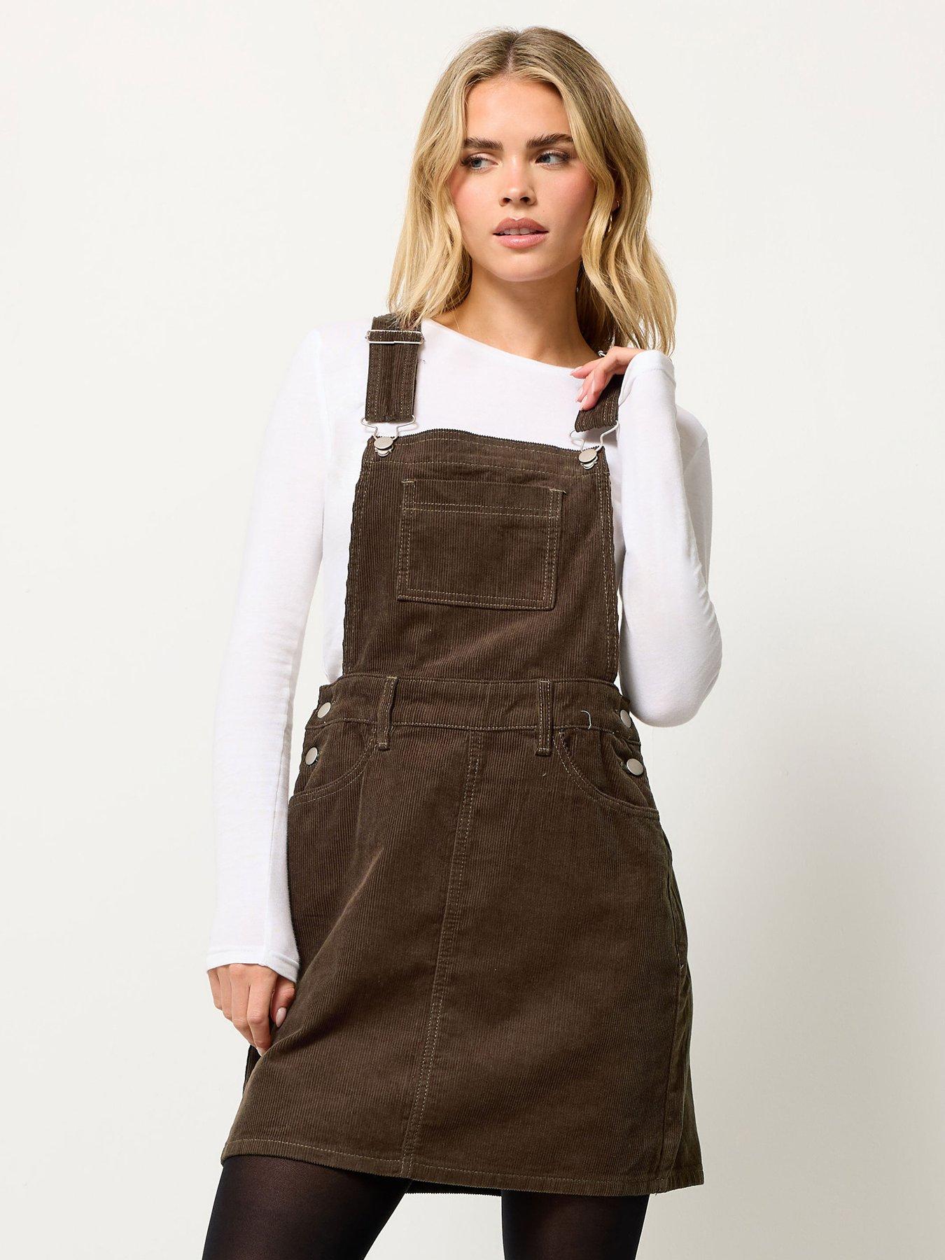 PixieGirl Petite Cord Dungaree Mini Dress - Brown