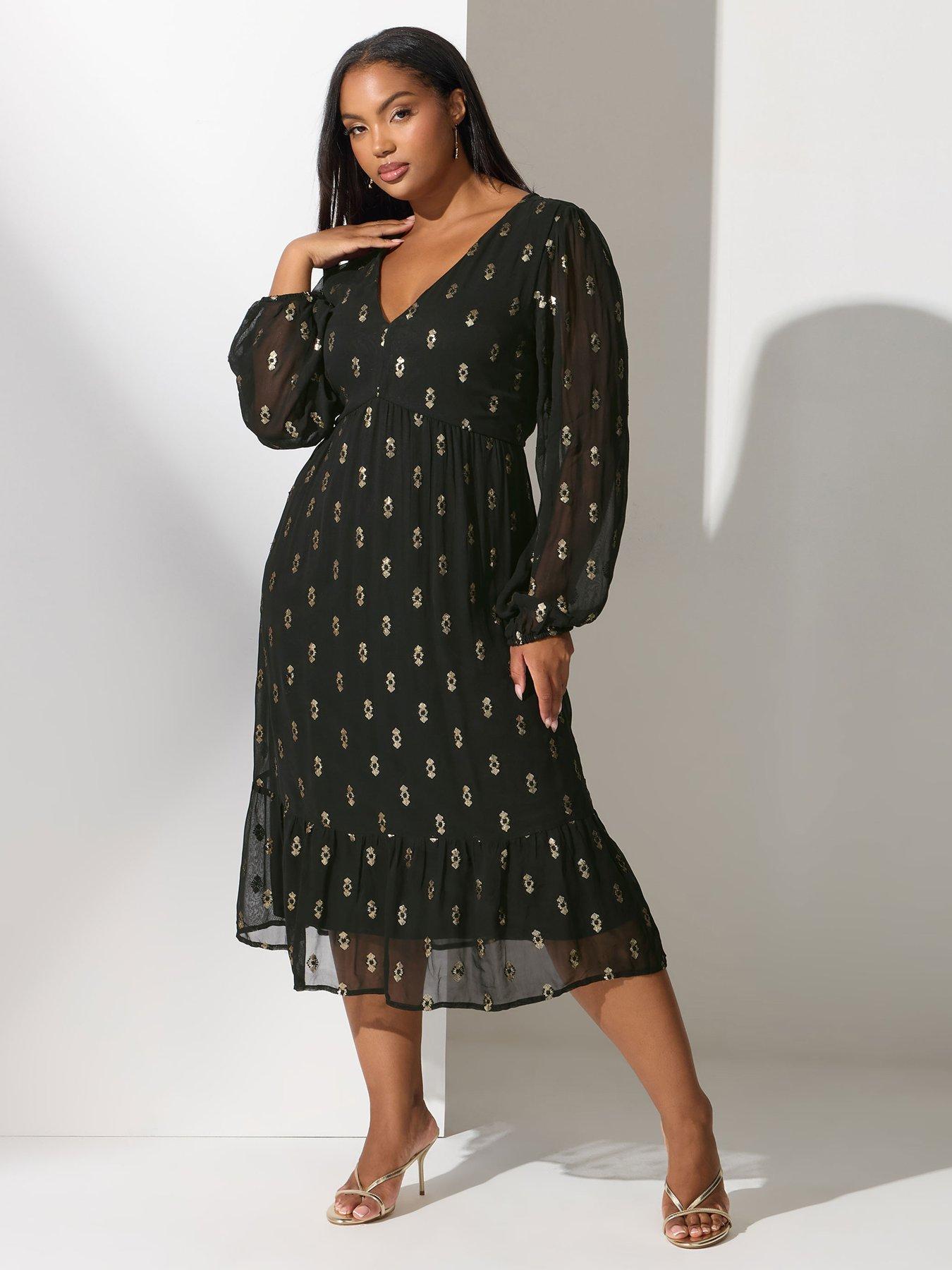 Image 1 of 4 of Yours Curve Sequin Boho Smock Dress - Black
