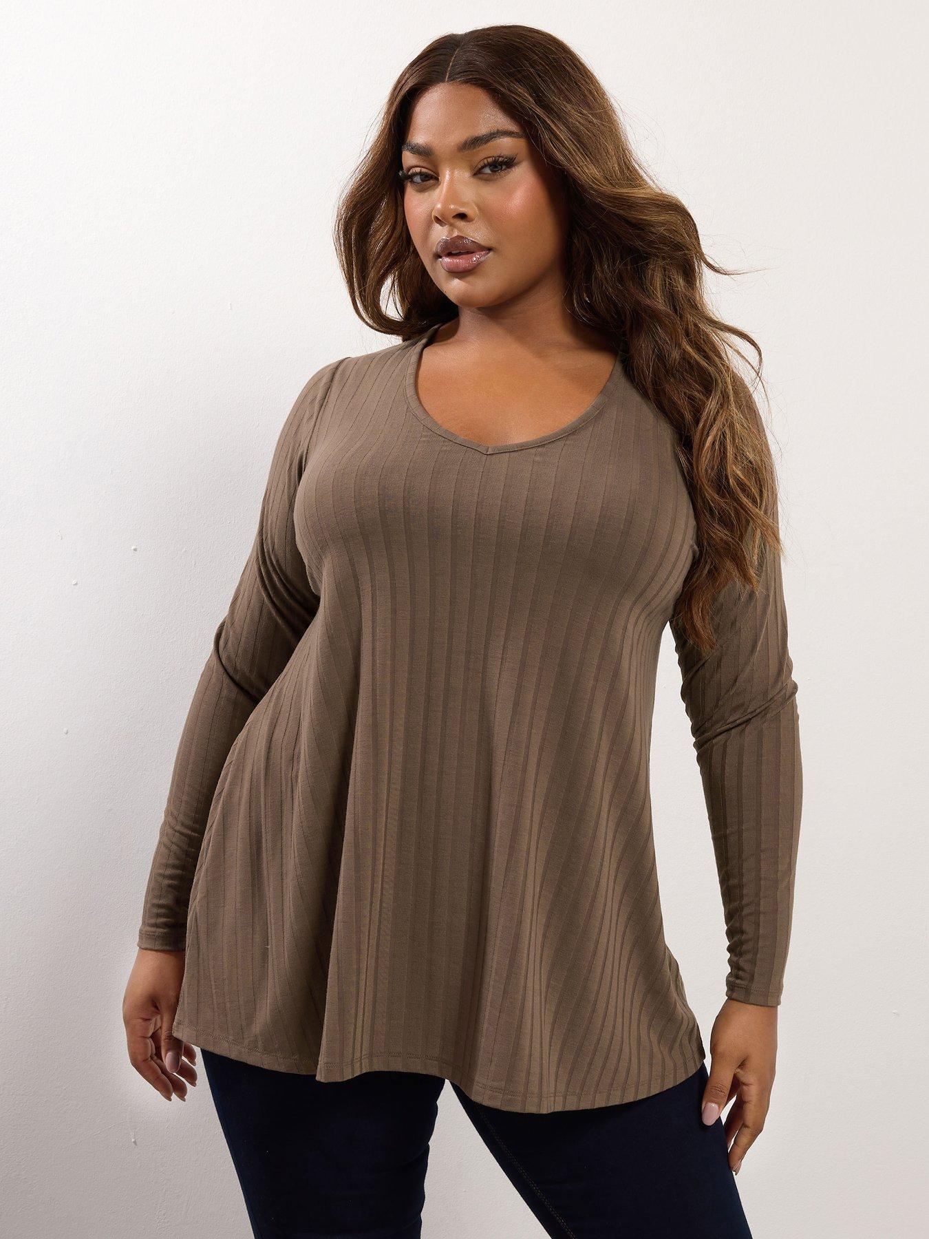 undefined Curve Long Sleeve Ribbed Swing T-Shirt - Brown