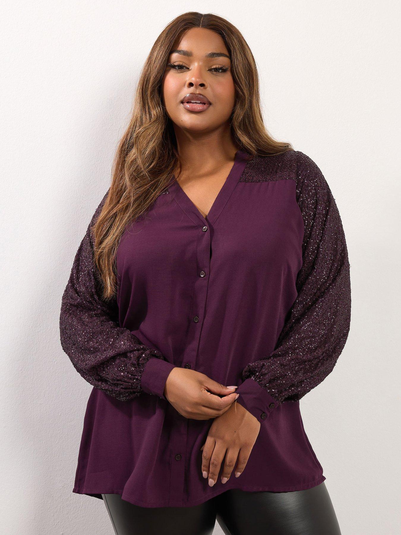 Yours Curve Studded Sequin Notch Neck Blouse - Purple