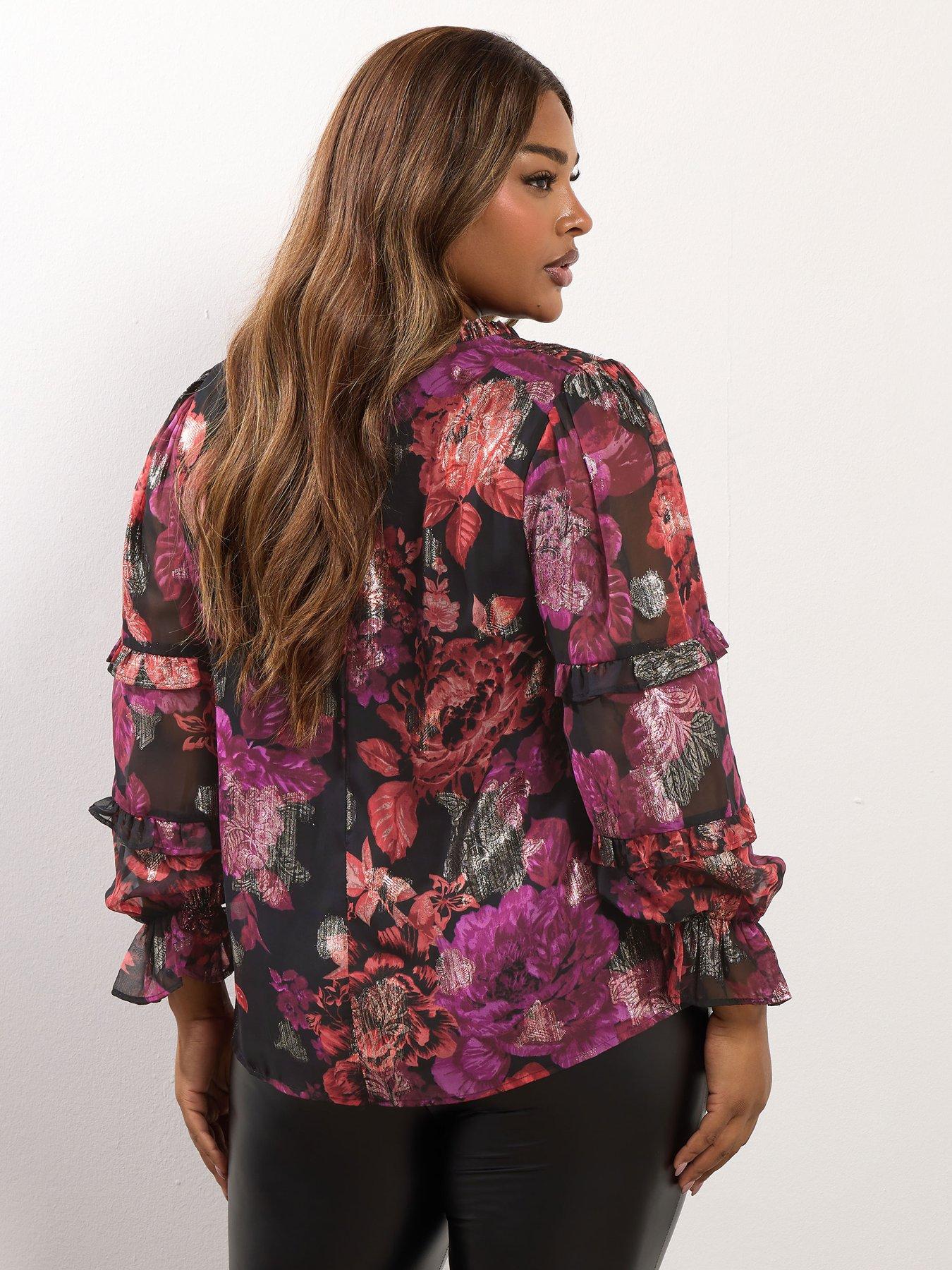 Image 2 of 4 of Yours Curve Metallic Tie Neck Blouse - Black