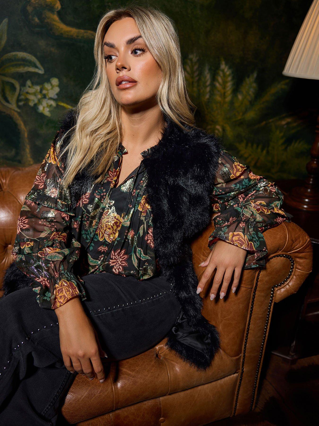 Yours Curve Metallic Tie Neck Blouse - Black