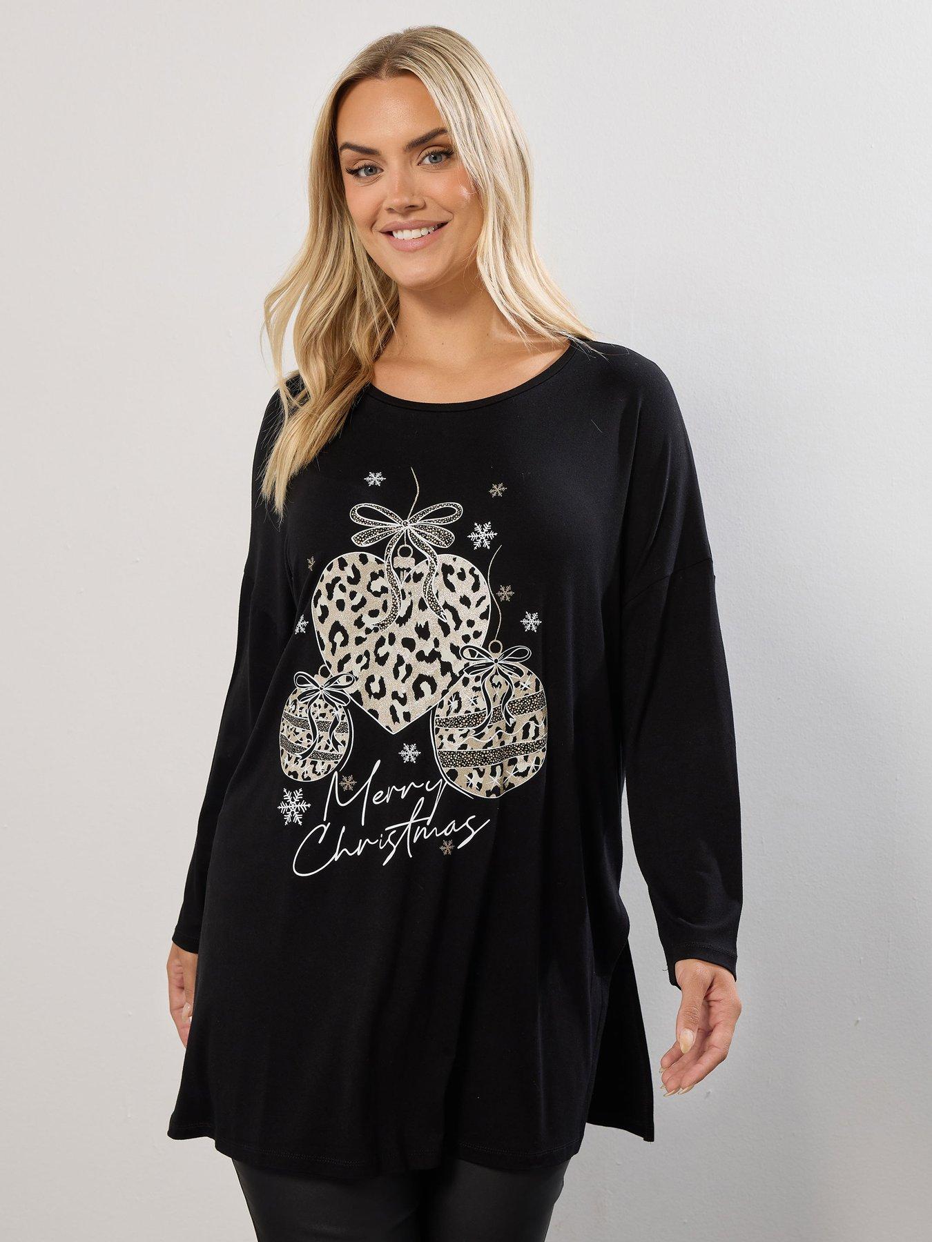 Yours Curve Long Sleeve Novelty Bauble T-Shirt - Black