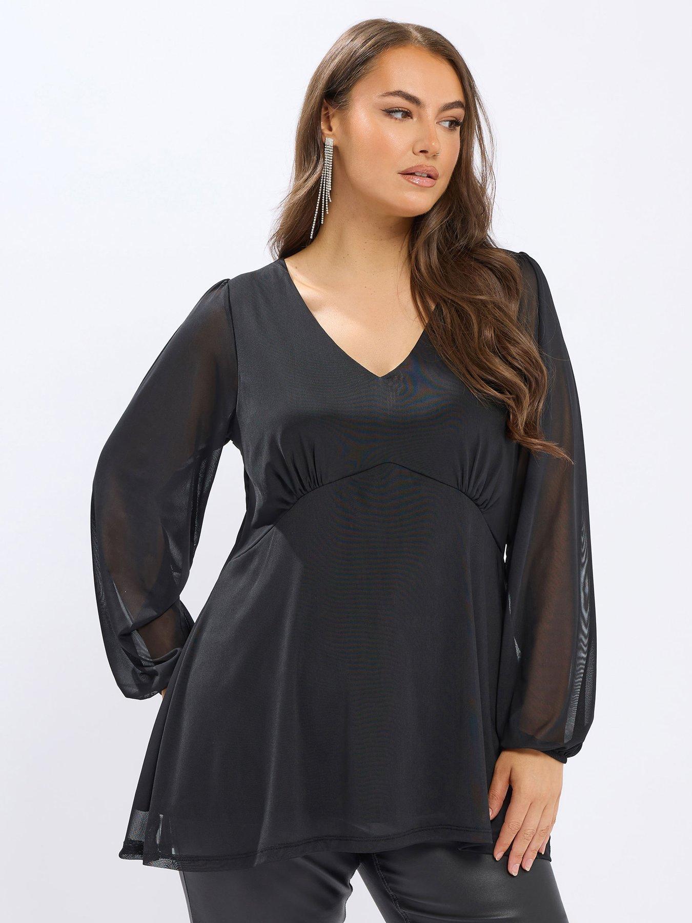 Yours Curve Mesh A Line Balloon Sleeve Top - Black