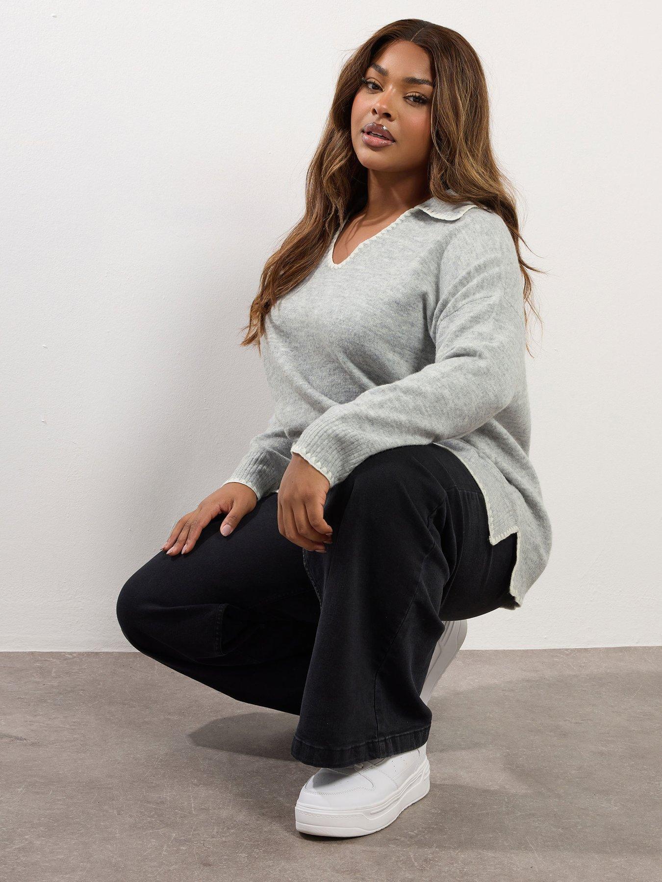 Yours Curve Collared Tipped Jumper - Grey