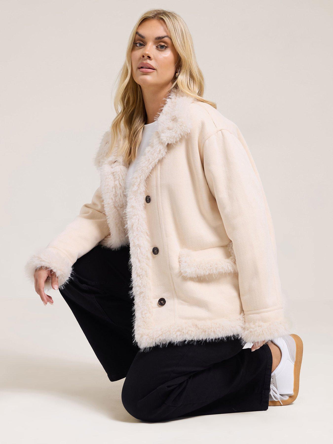 Yours Curve Shaggy Fur Boho Coat - Ivory