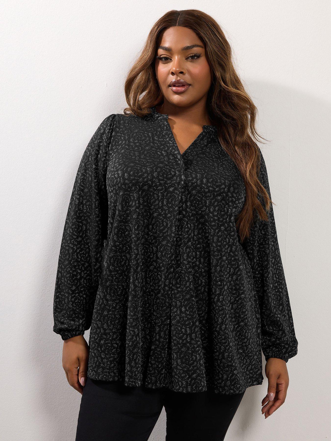 Yours Curve Pleat Front Jacquard Top - Black
