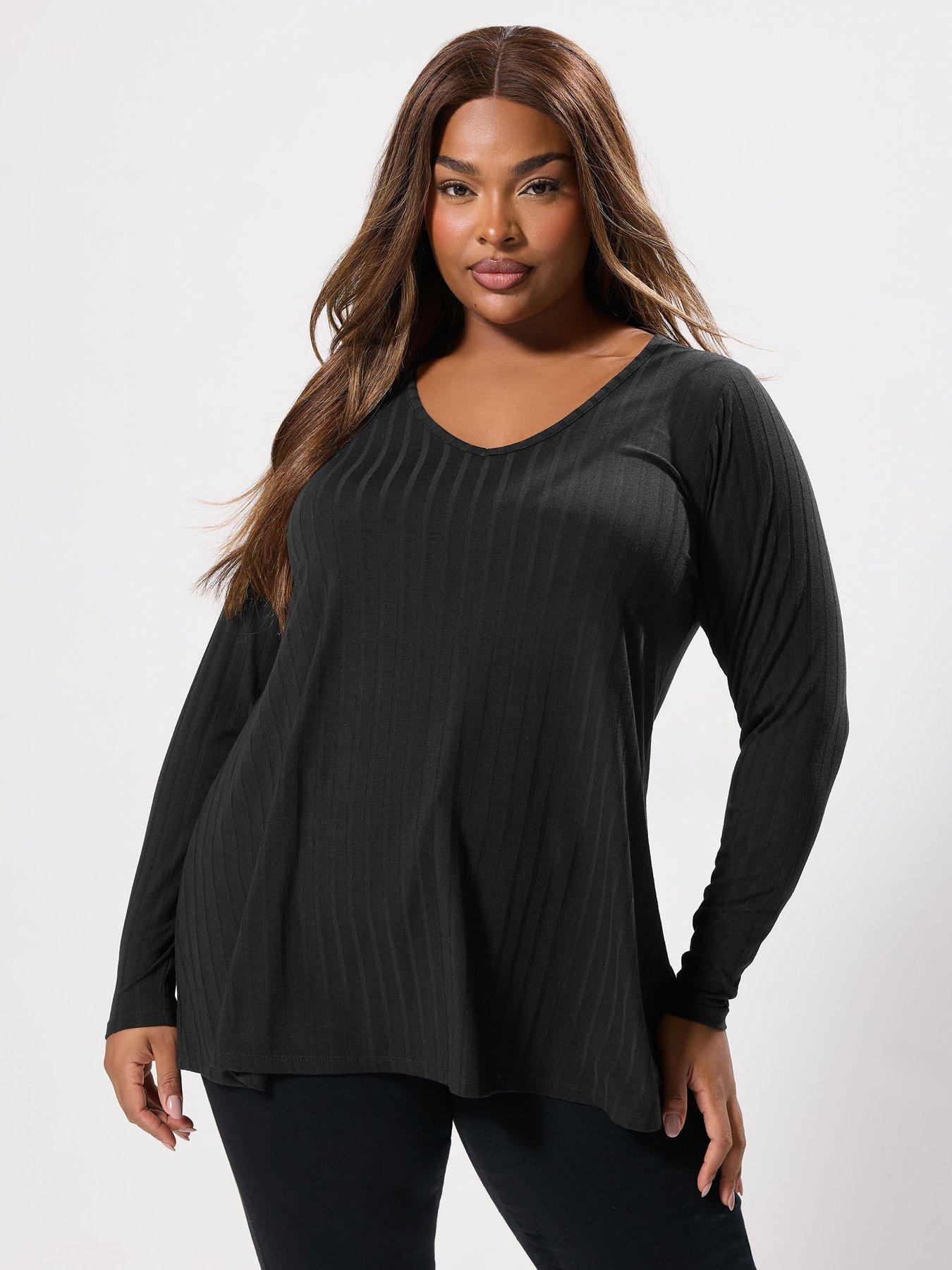 undefined Curve Plunge Neck Ribbed Swing T-Shirt - Black