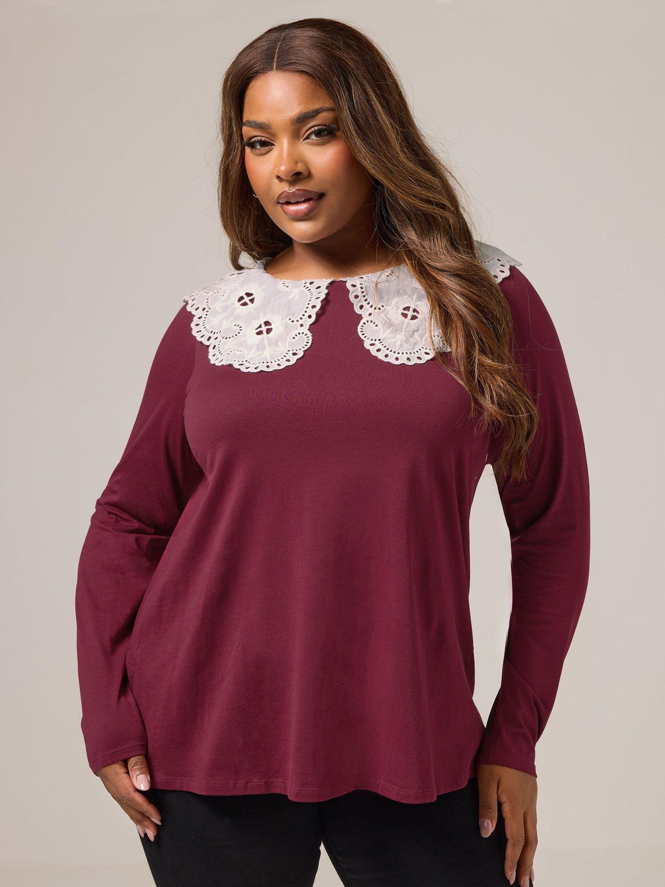 Yours Curve Lace Collar Long Sleeve A-Line Top - Brown