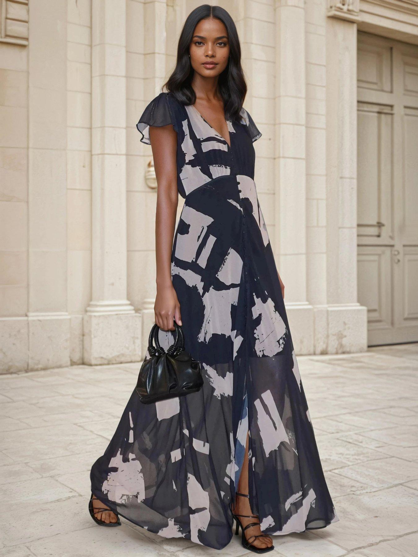 Religion Indium Maxi Tea Dress With Feminine Button Detail In Abstract Black Print - Black