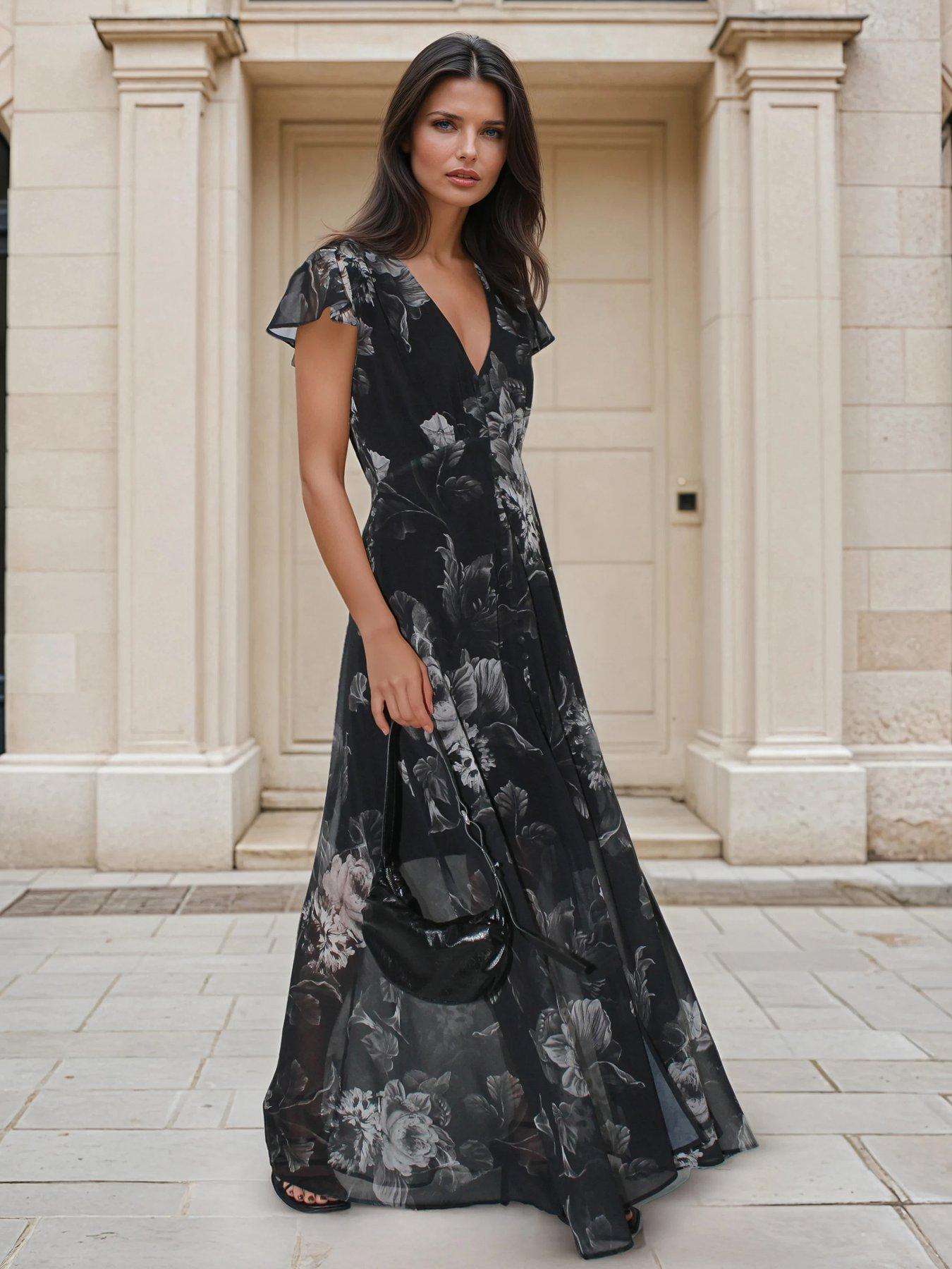 Religion Indium Maxi Tea Dress With Feminine Button Detail In Vintage Nude Floral On Washed Black - Black