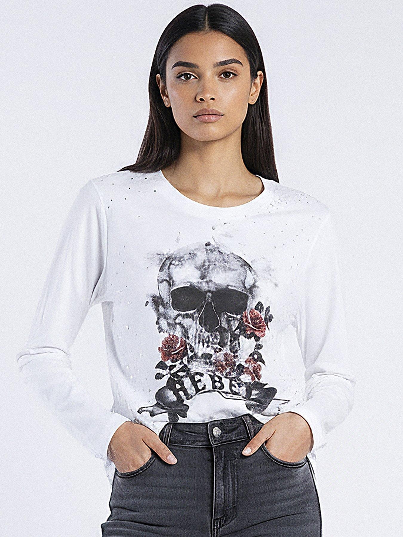 Religion Rebel Skull Long Sleeve T-shirt With Skull - White