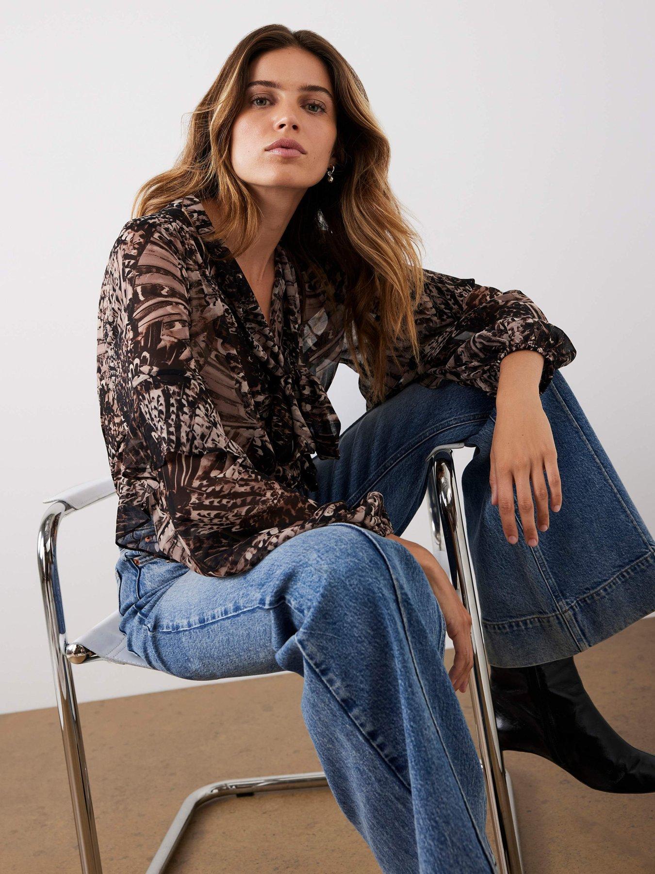 Mint Velvet Feather Print Tie Neck Blouse - Brown