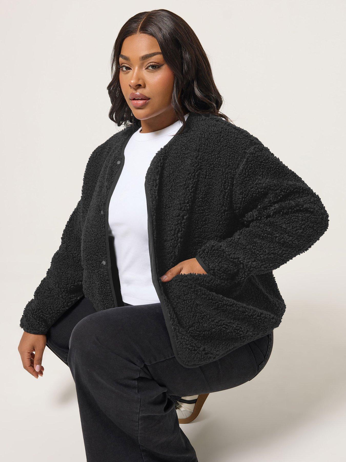 Yours Curve Collarless Popper Fleece - Black
