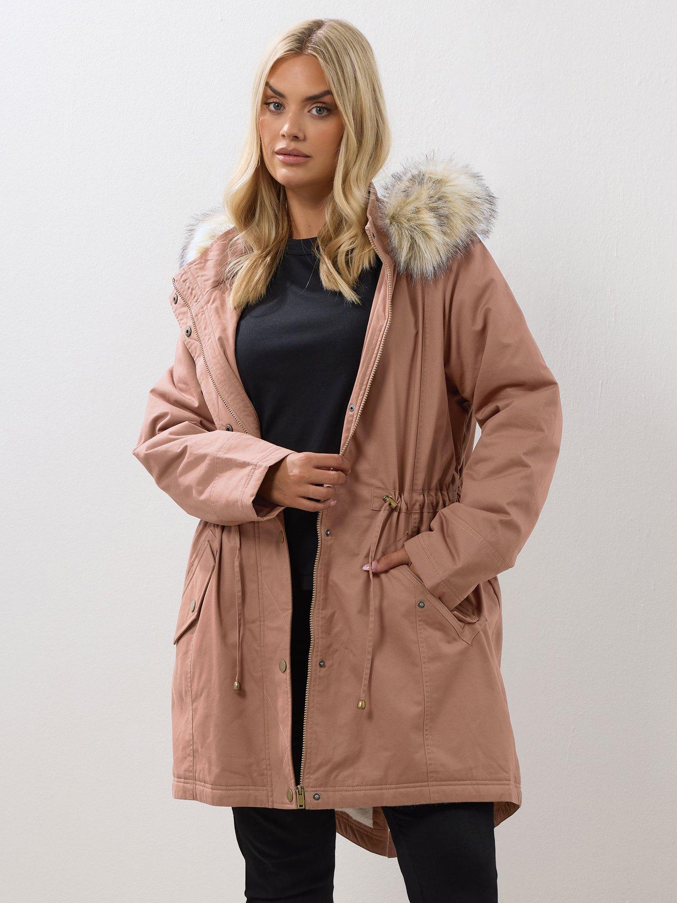 Yours Curve Faux Fur Trim Parka - Pink