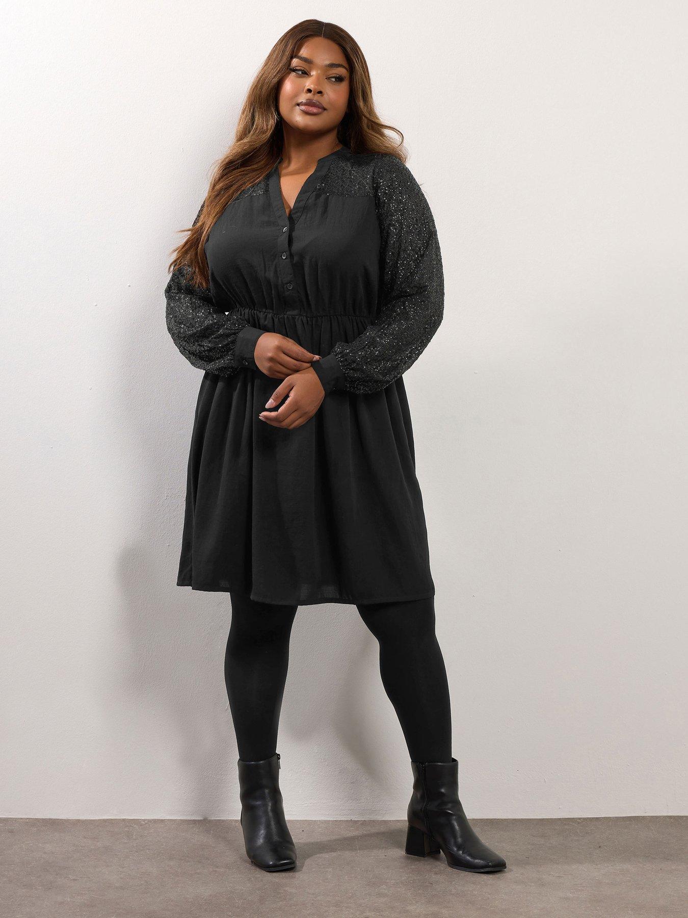 Yours Curve Sequin Notch Neck Dress - Black