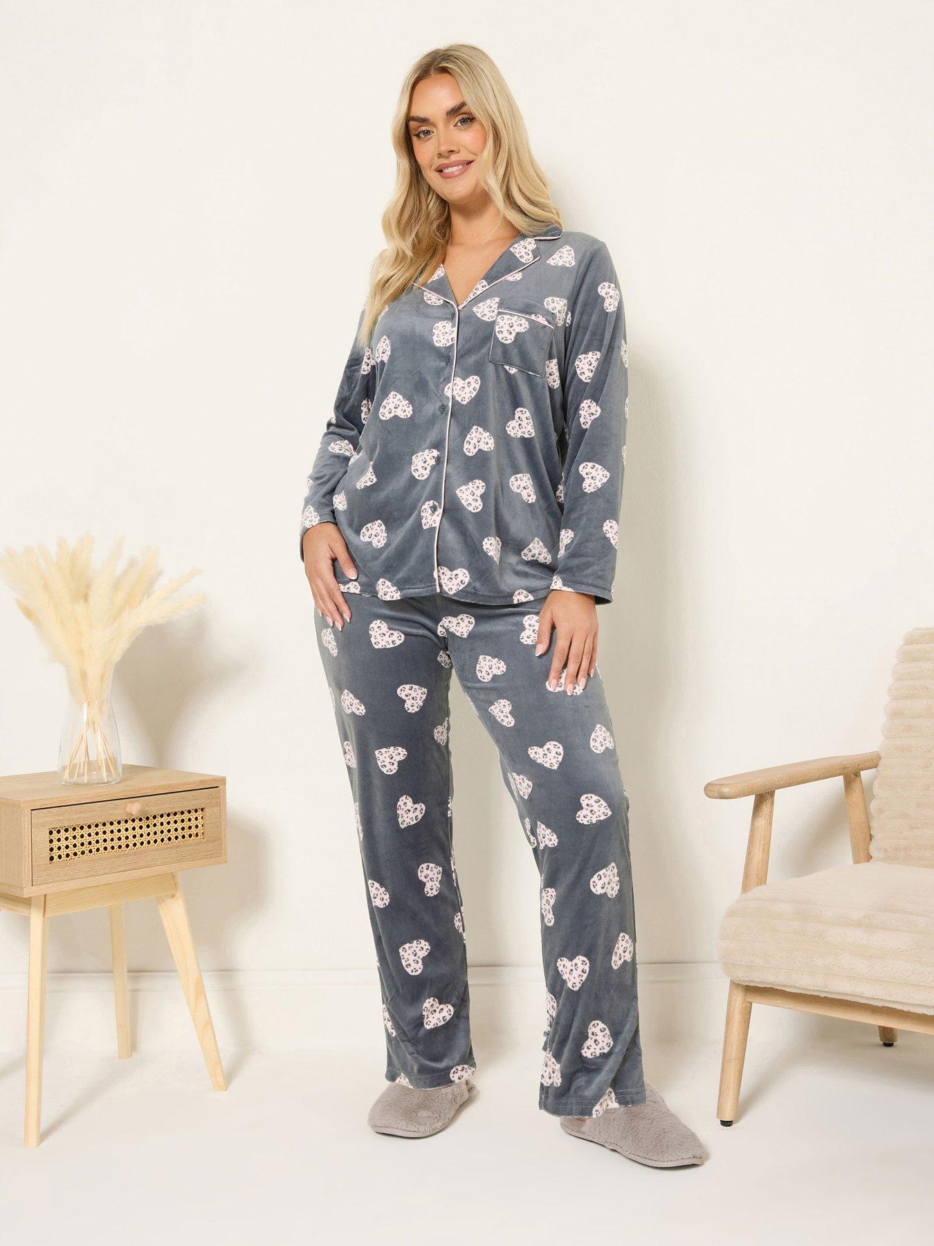 Yours Curve Animal Heart Fleece Pyjama Set - Grey