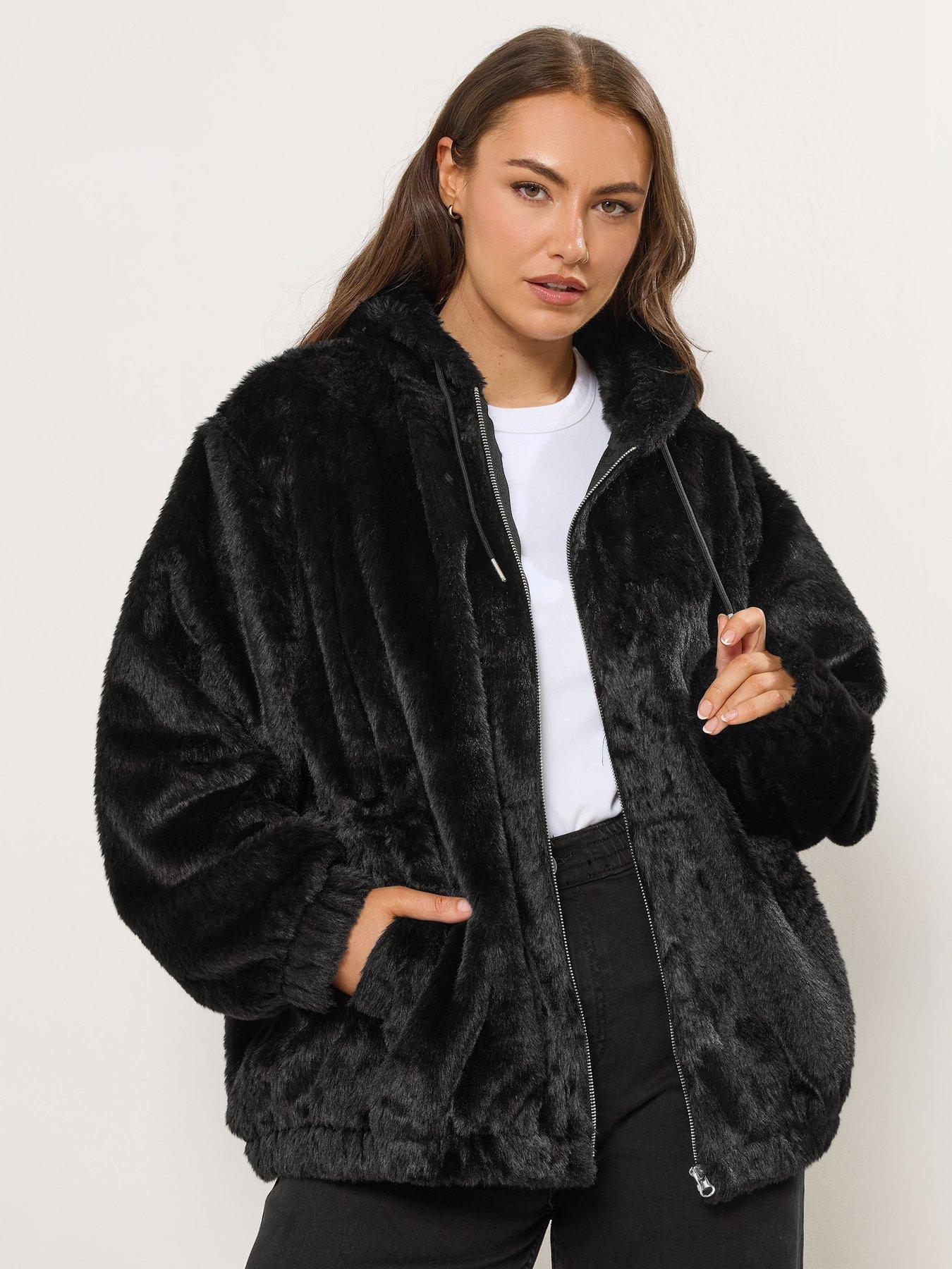 Yours Curve Faux Fur Zip Through  Hooded Fleece - Black