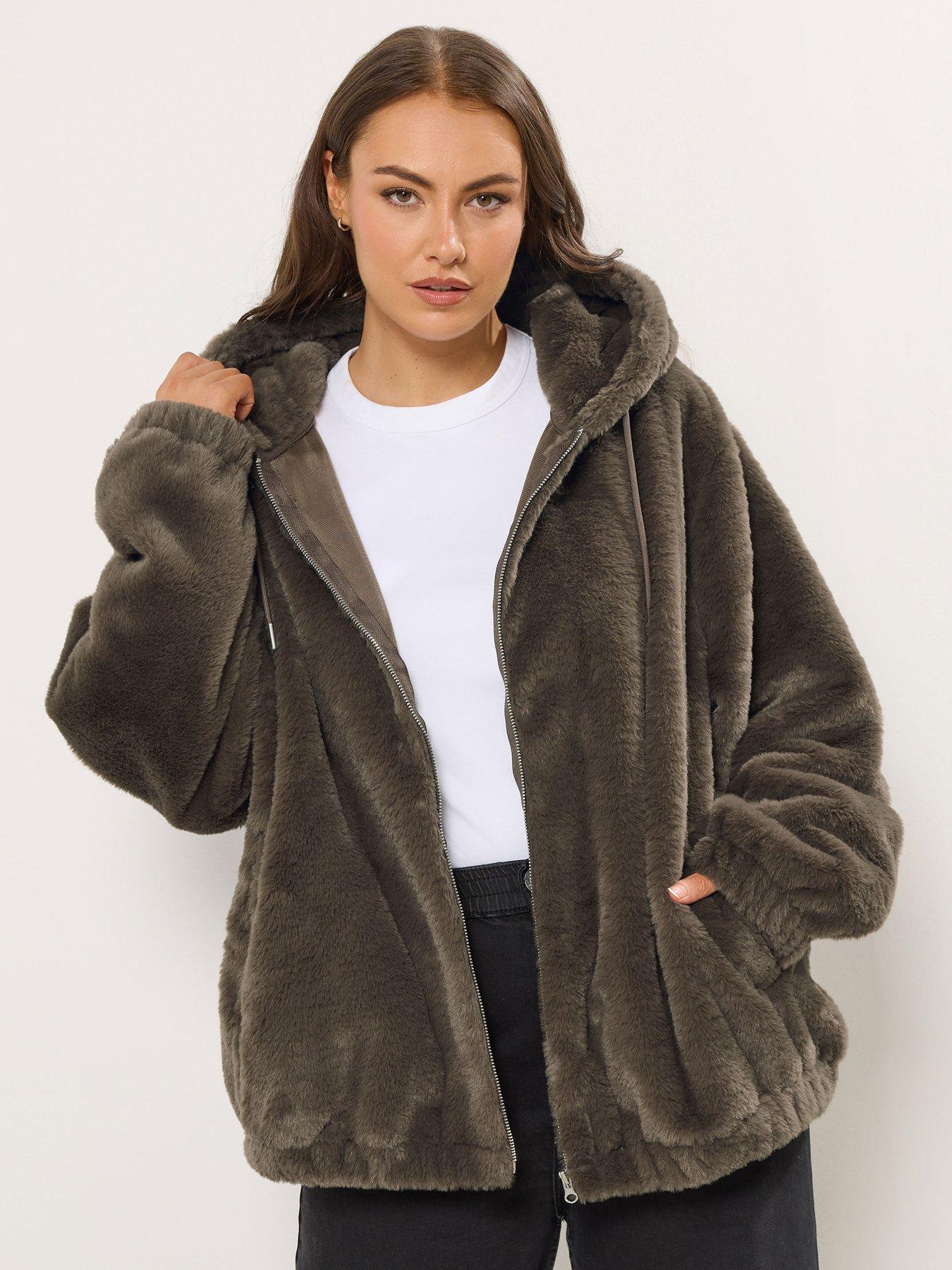 Yours Curve Faux Fur Zip Thru Hooded Jacket- Brown