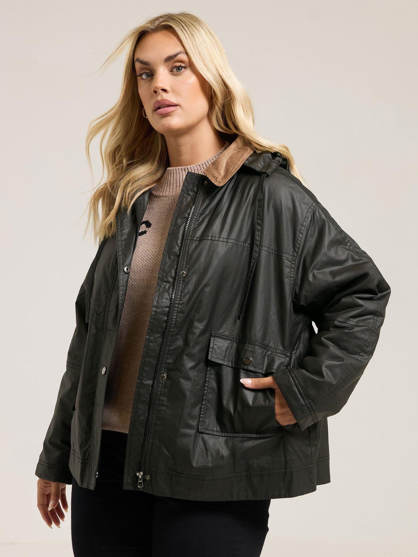 Yours Curve Waxy Parka Jacket - Black