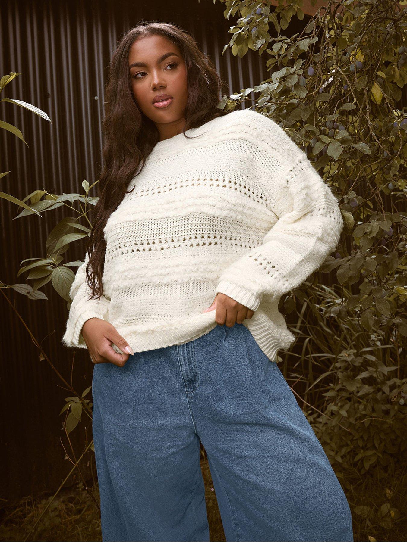 Yours Curve Boucle Pointelle Knitted Jumper - Ivory