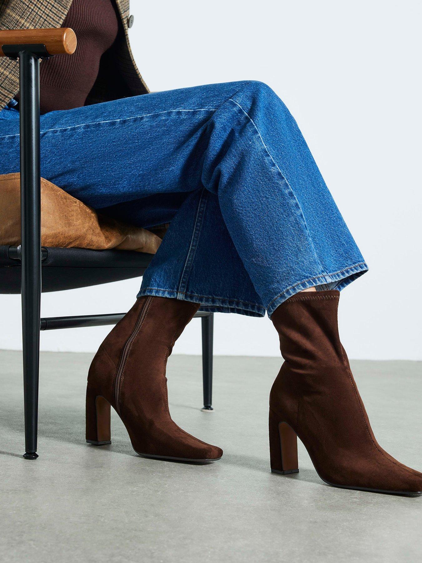 Image 1 of 6 of River Island Square Heel Stretch Boot - Brown