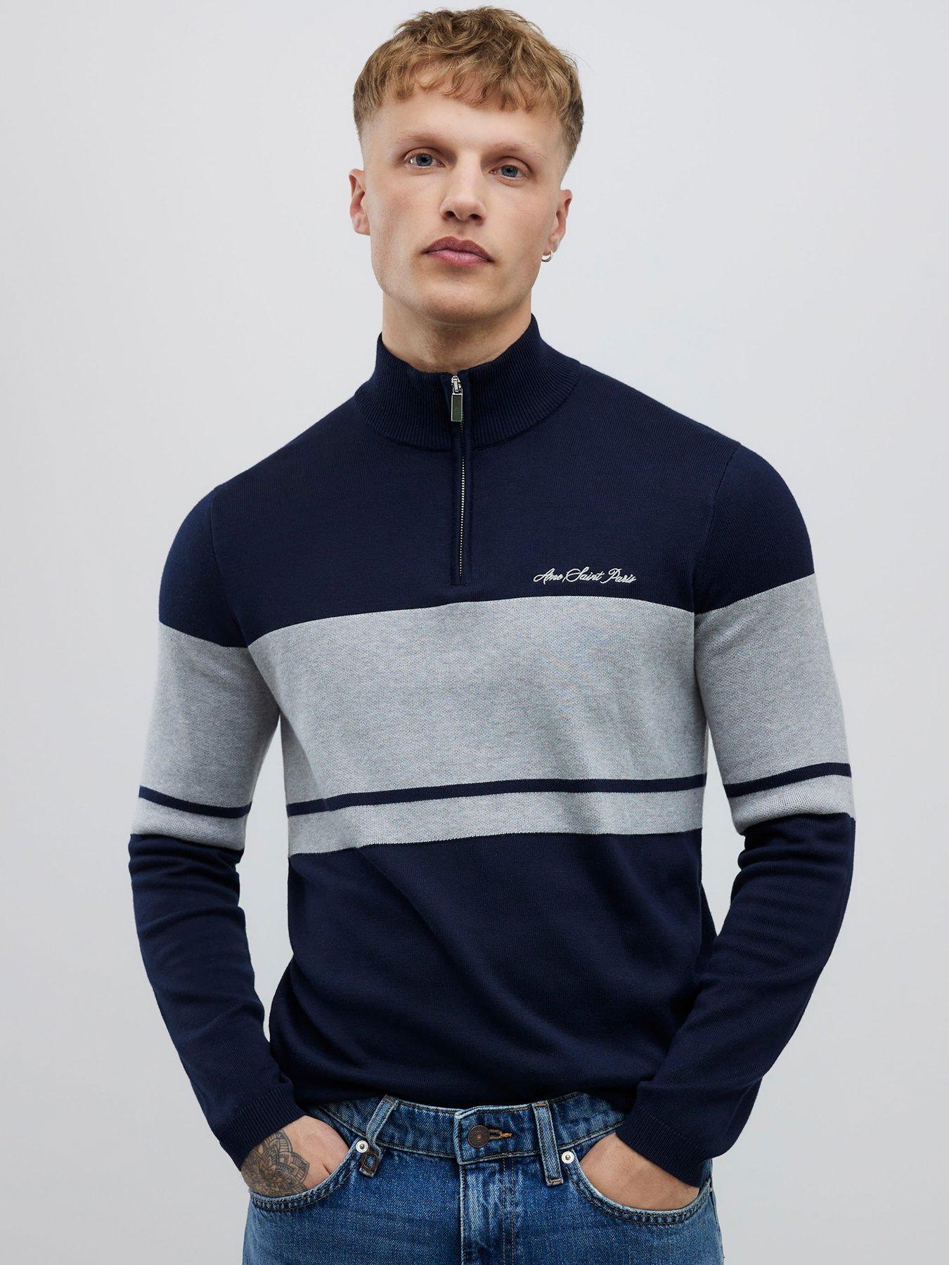 River Island Colour Block Half Zip Knitted Jumper - Navy