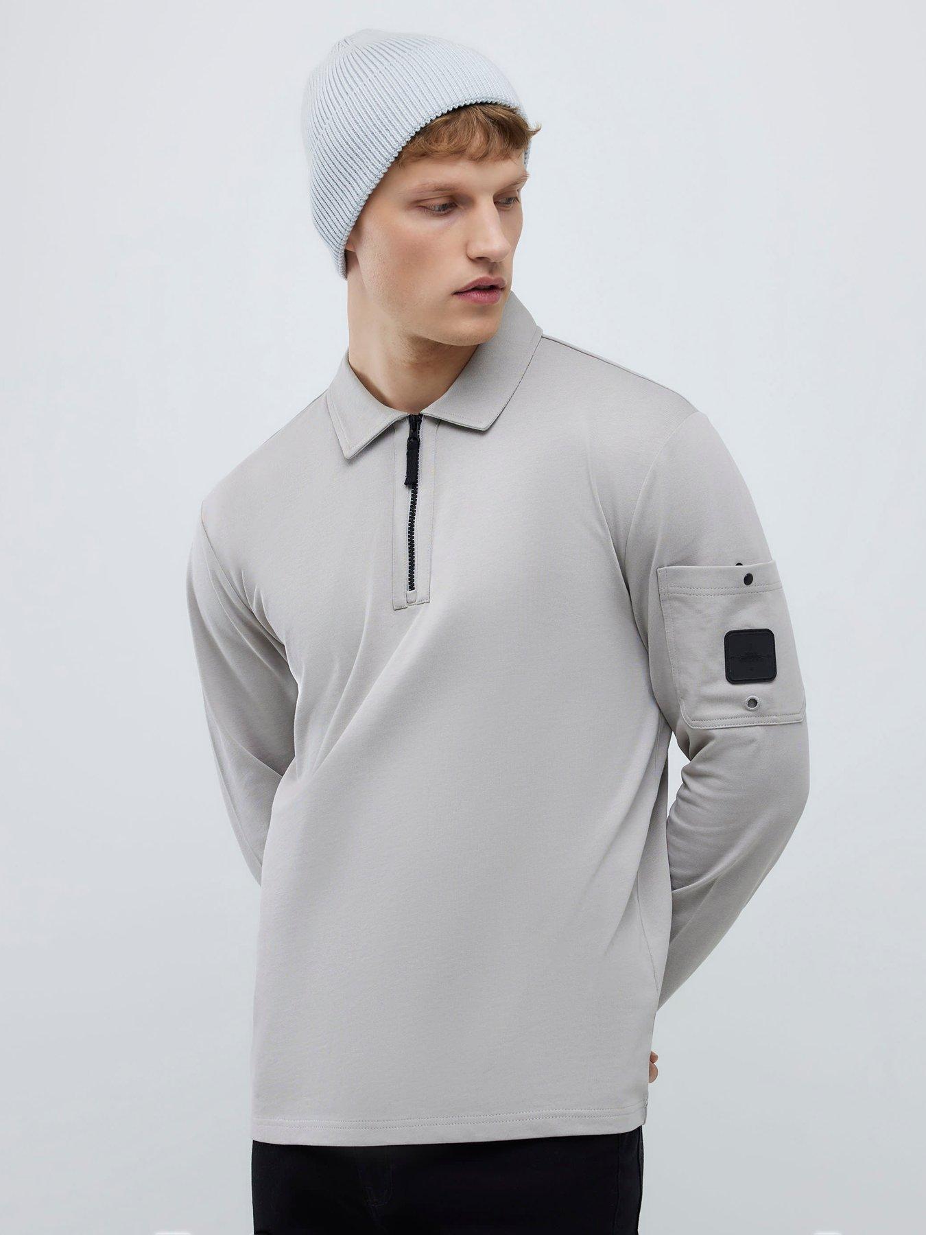 River Island Islandlong Sleeve Slim Fit Pocket Detail Zip Neck Polo Shirt - Grey