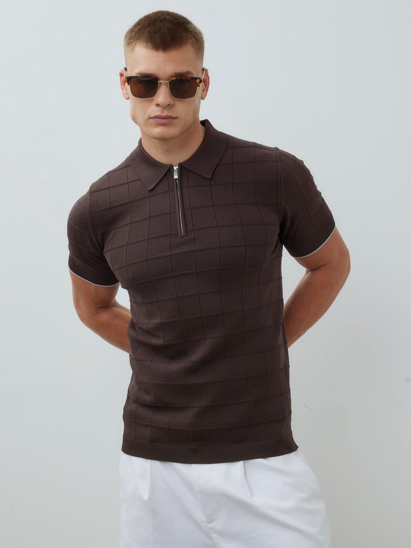 River Island Short Sleeve Grid Muscle Polo Shirt - Brown