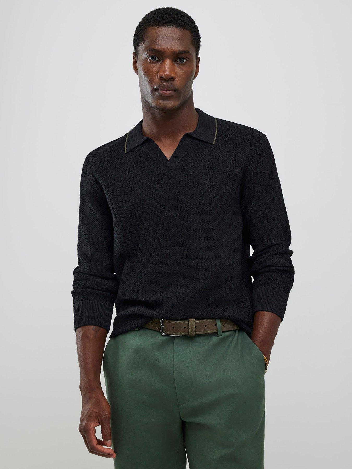 River Island Long Sleeve Honeycomb Texture Open Collar Polo Shirt - Black