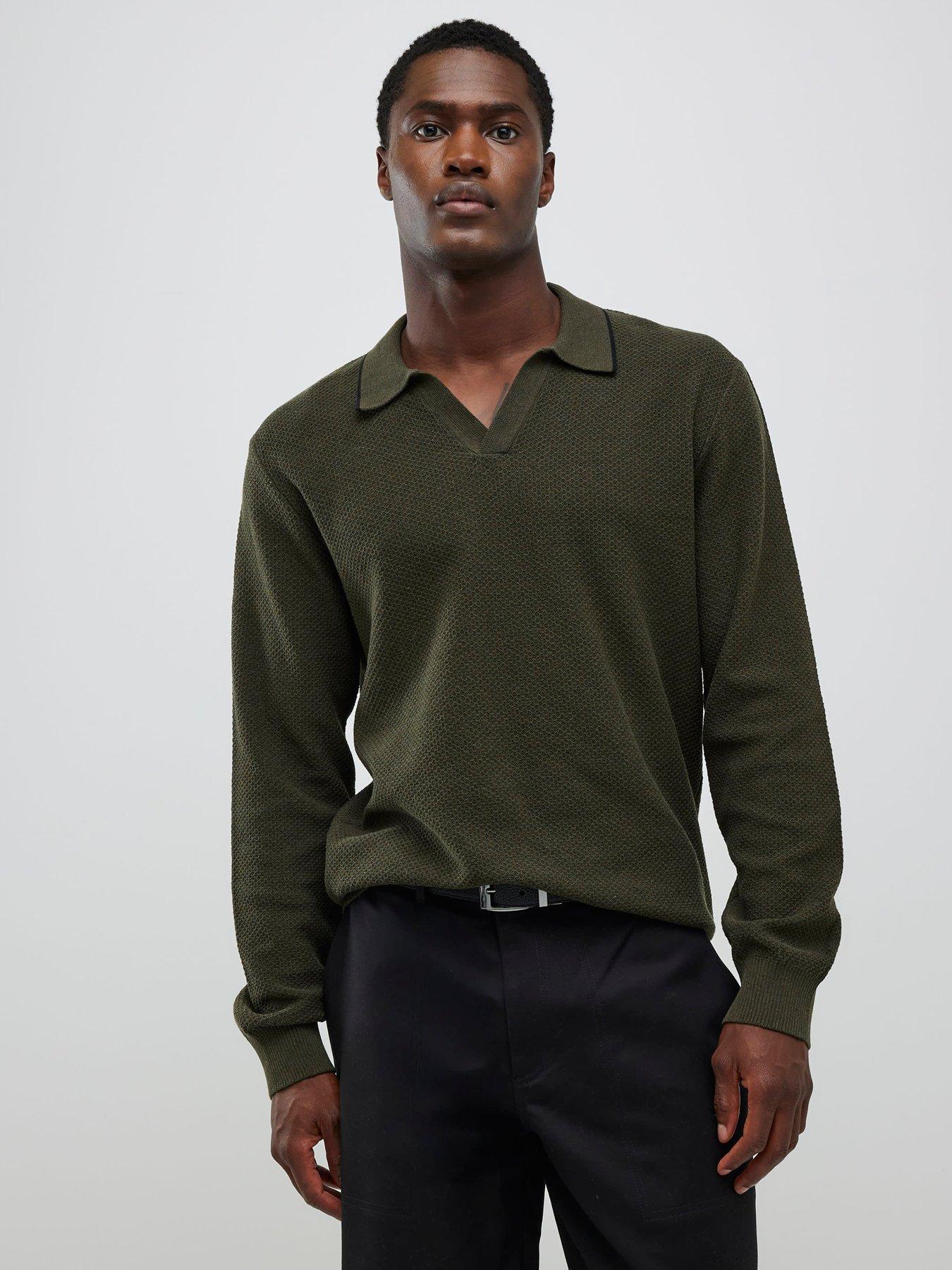 River Island Long Sleeve Honeycomb Texture Open Collar Polo Shirt - Khaki