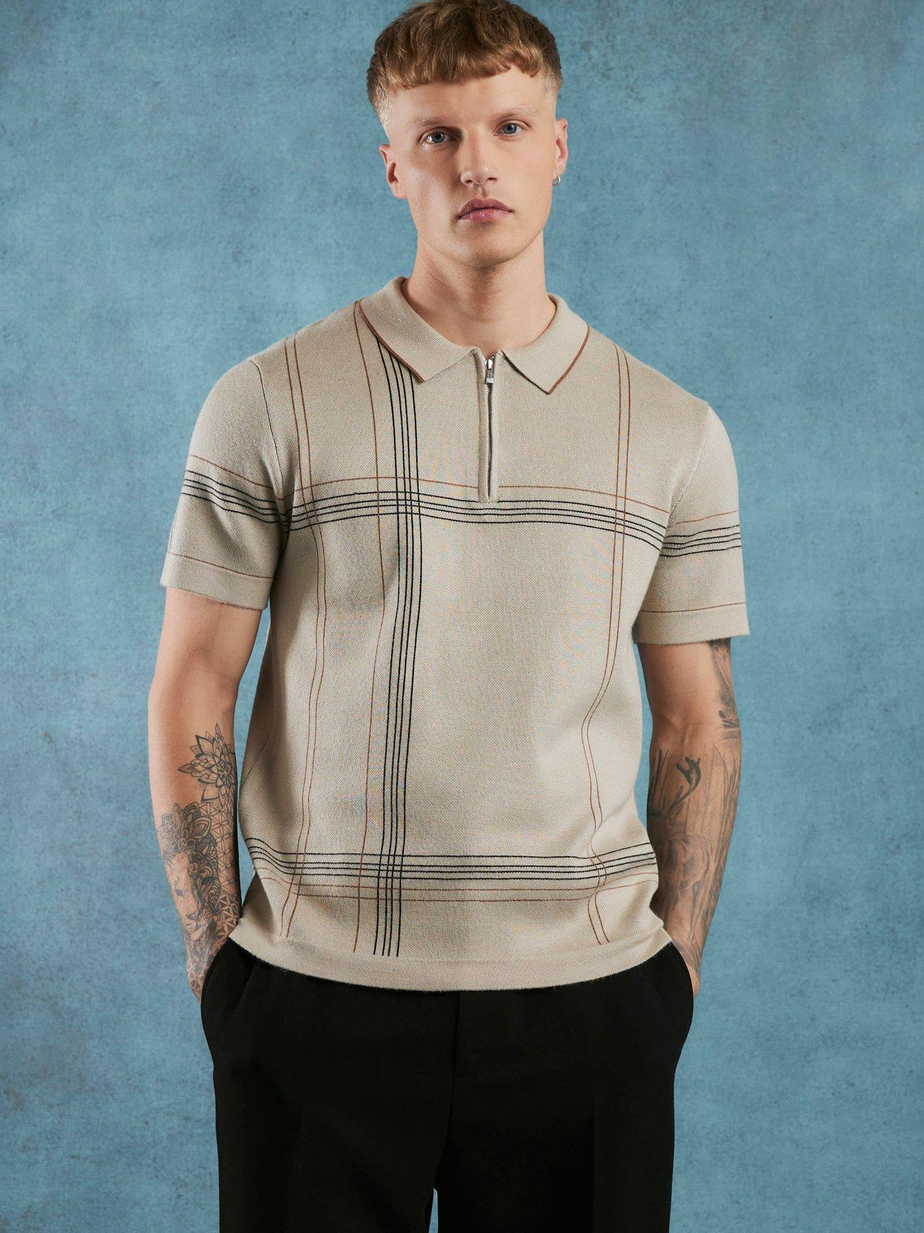 River Island Abstract Check Polo Shirt - Cream