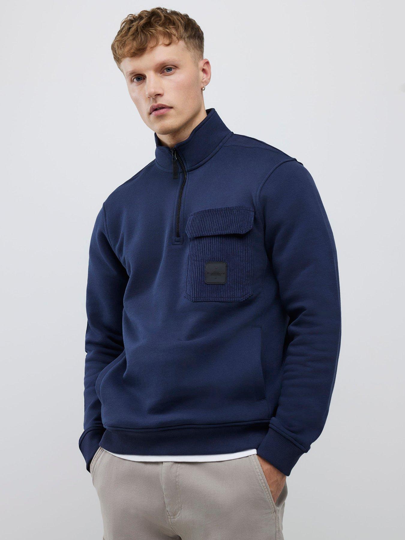 Image 1 of 4 of River Island Cord Pocket 1/2 Zip Sweatshirt - Navy
