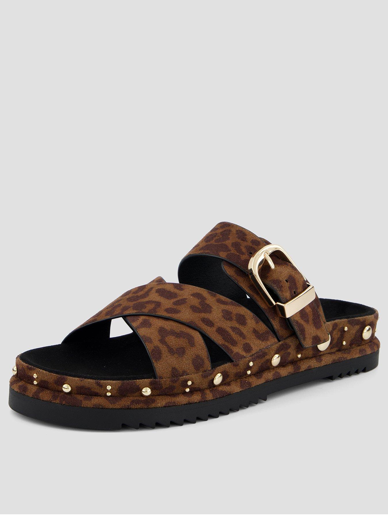 Image 1 of 7 of The Very Collection Wide Fit Cross Strap Leopard Footbed Sandal - Brown