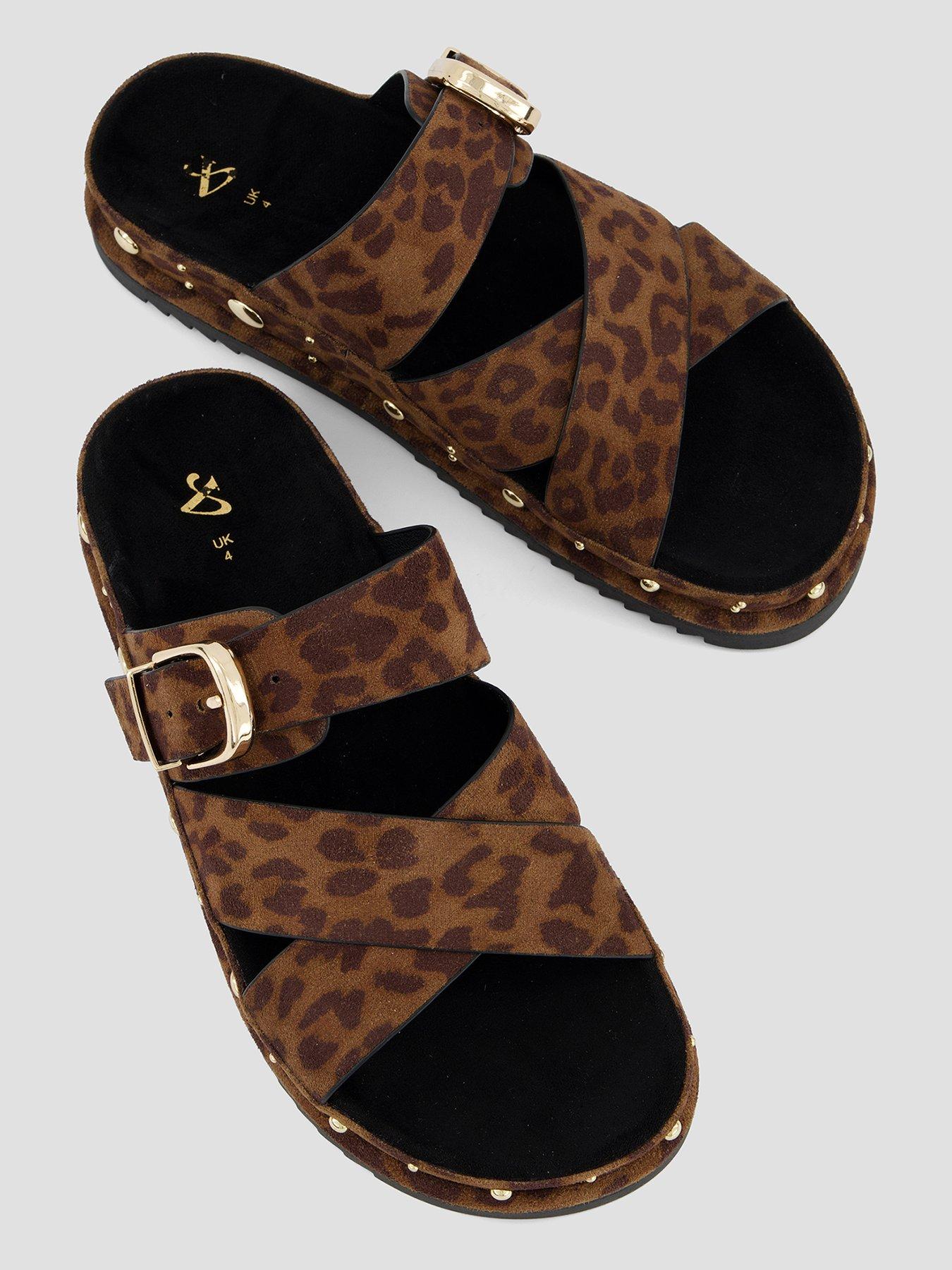 Image 3 of 7 of The Very Collection Wide Fit Cross Strap Leopard Footbed Sandal - Brown