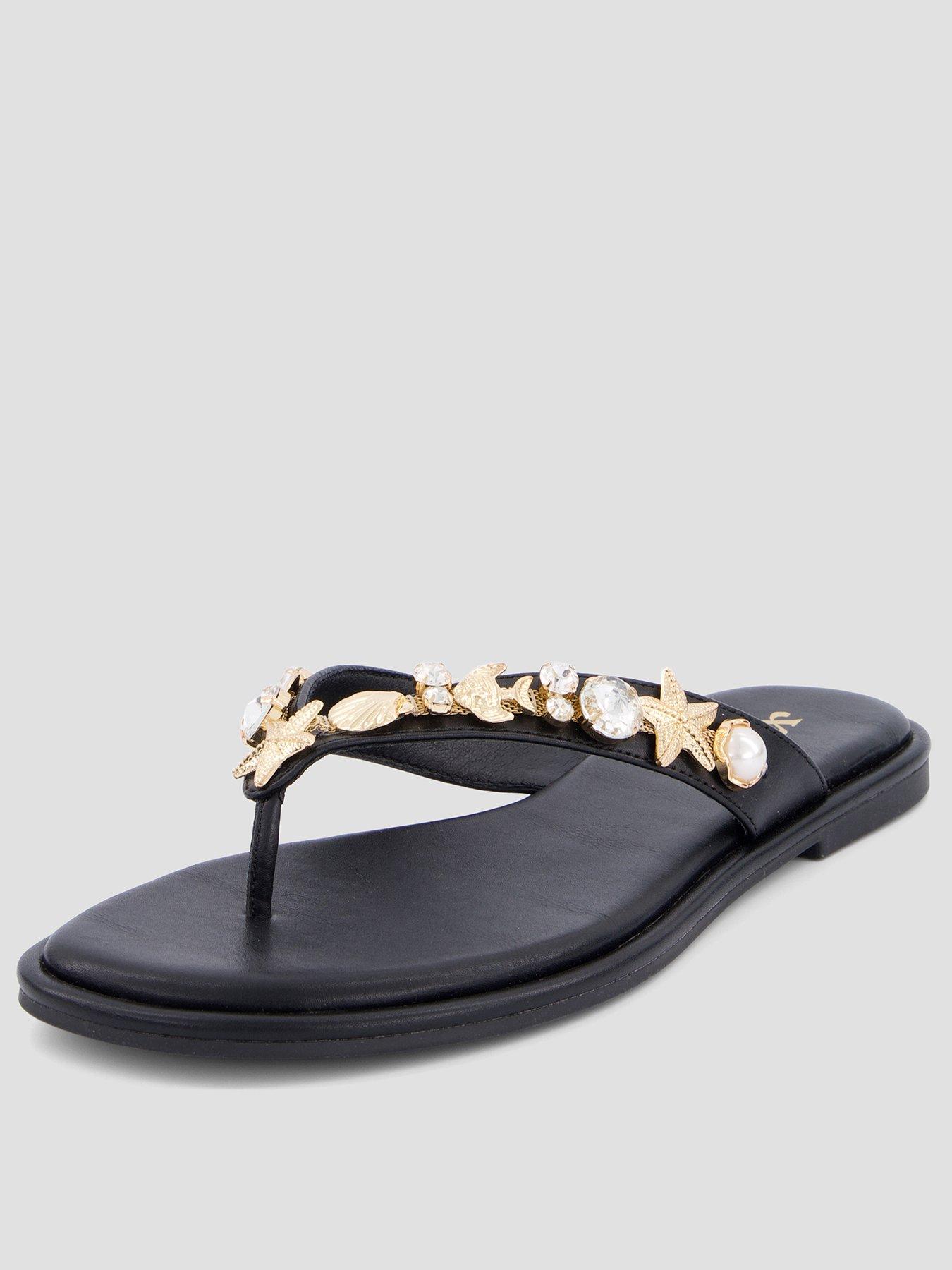 Image 1 of 7 of The Very Collection Embellished Toe Post Flat Sandals - Black