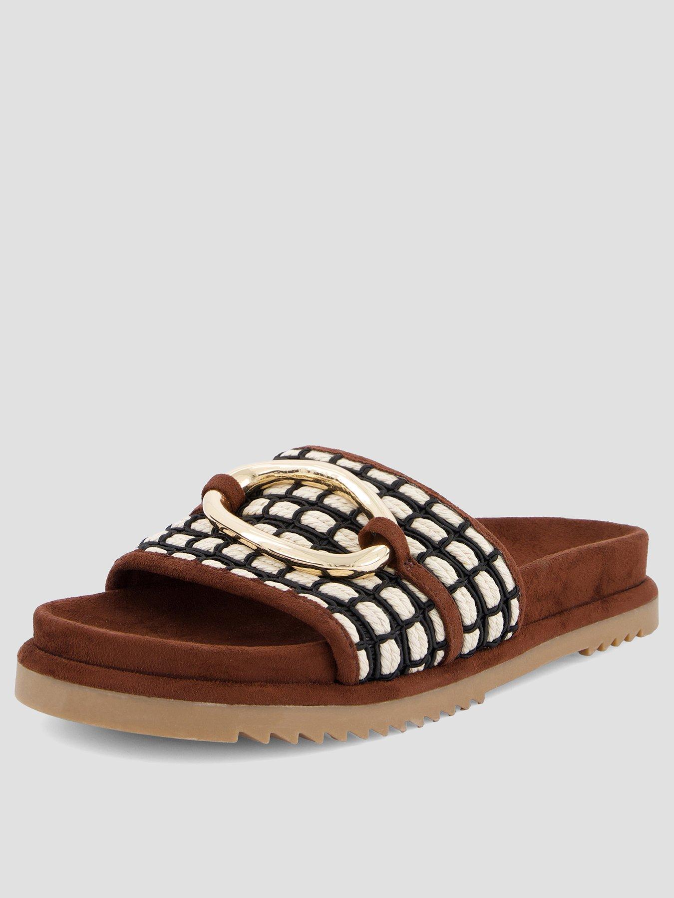 The Very Collection Embellished Woven Footbed Sliders With Gold-Tone Detail - Brown