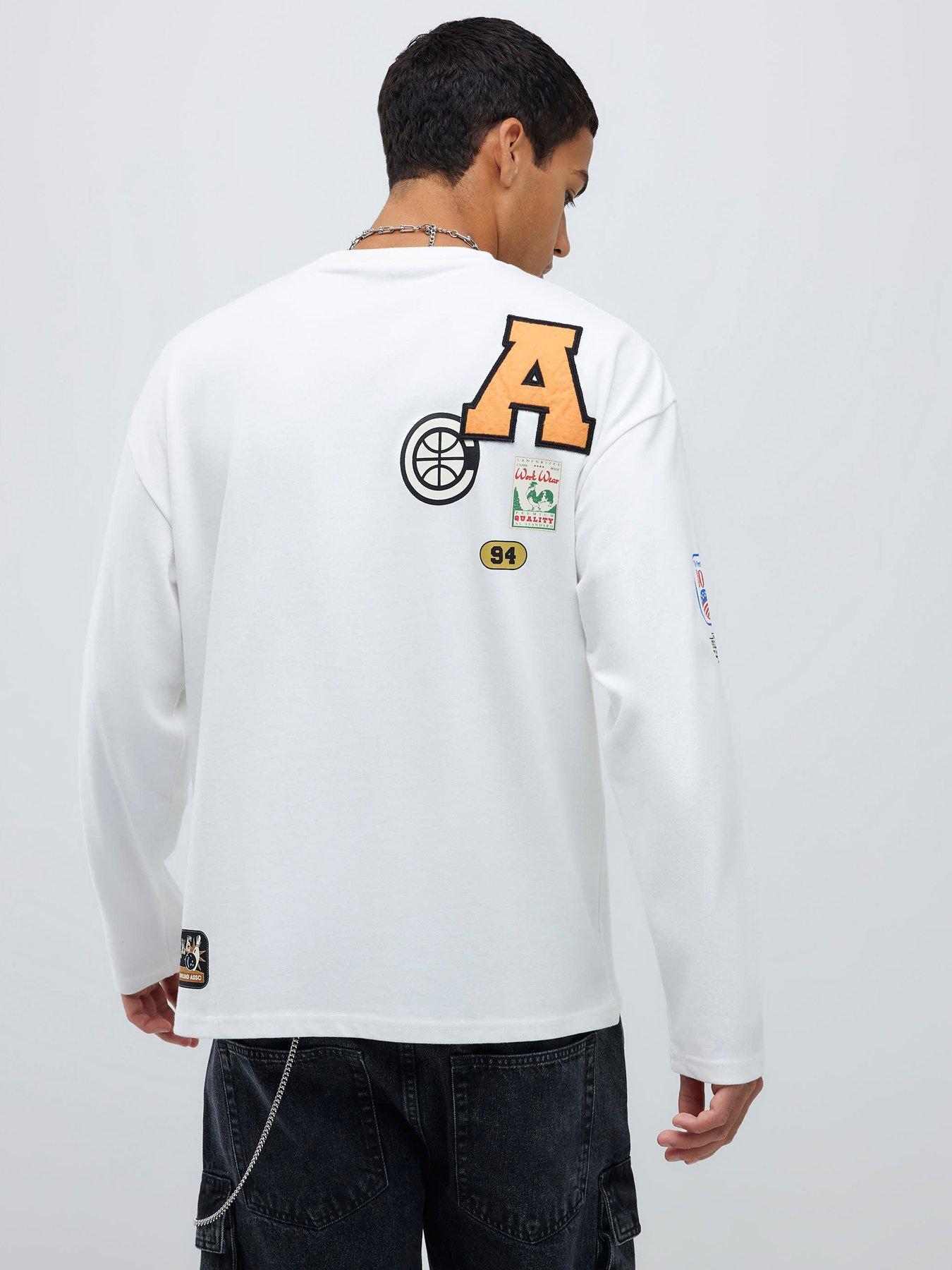 River Island Boxy Americana Badge Long Sleeve T-Shirt - White