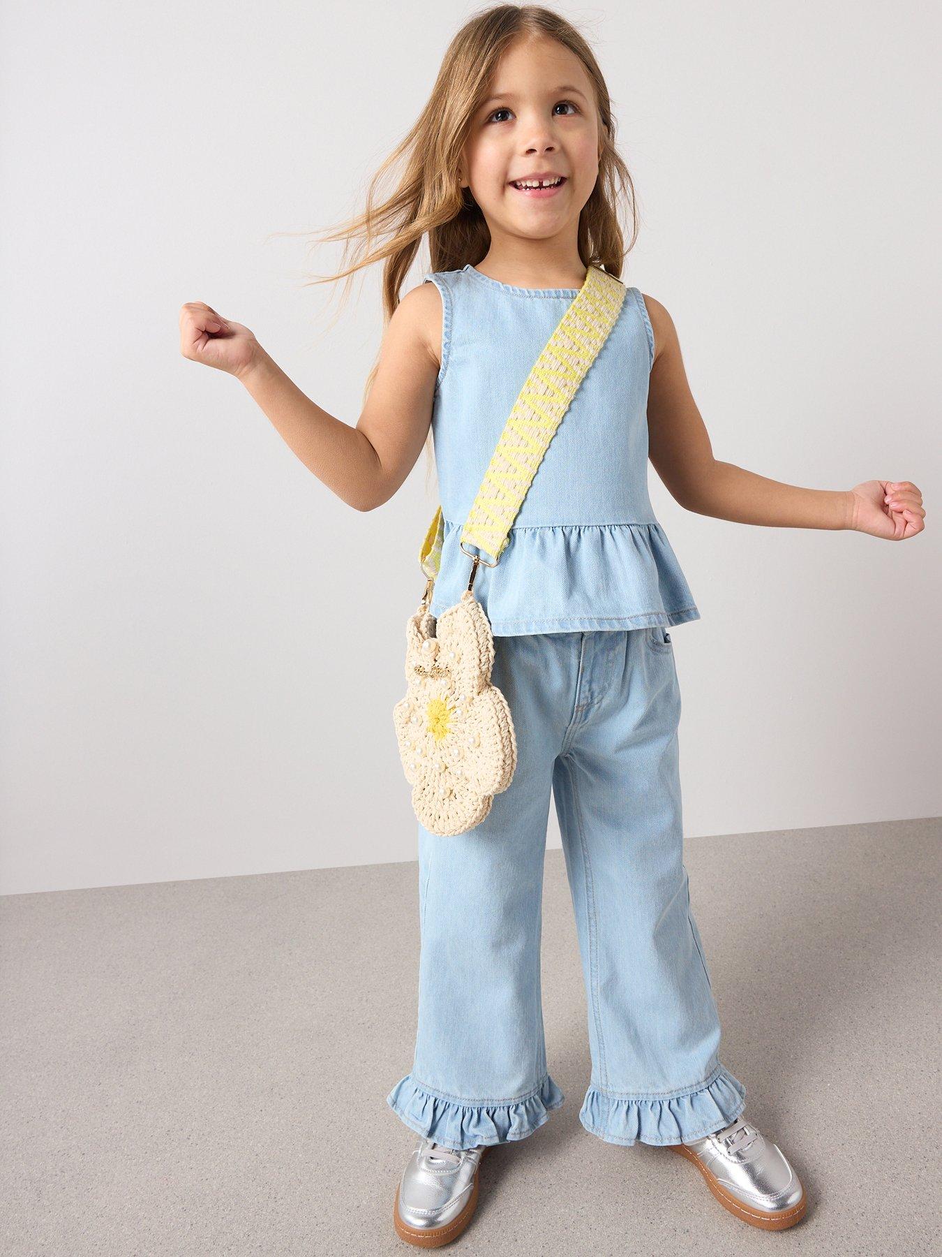 The Very Collection Girls Denim Culotte Frill Outfit - Light Wash